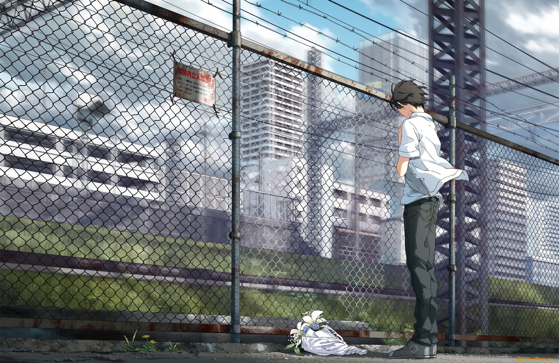 аниме, *unknown, , другое, ветер, облака, небо, город, забор, парень, букет