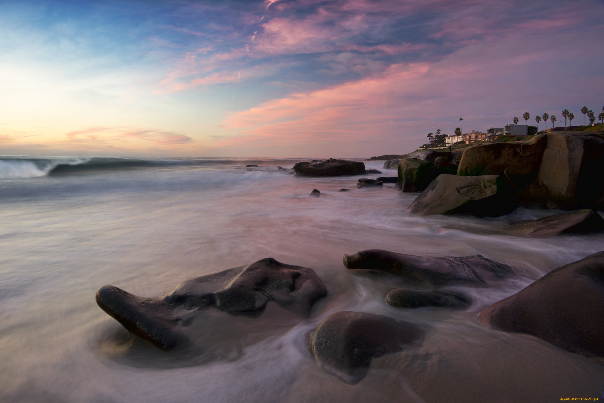 природа, побережье, прибой, море, камни, берег, дома