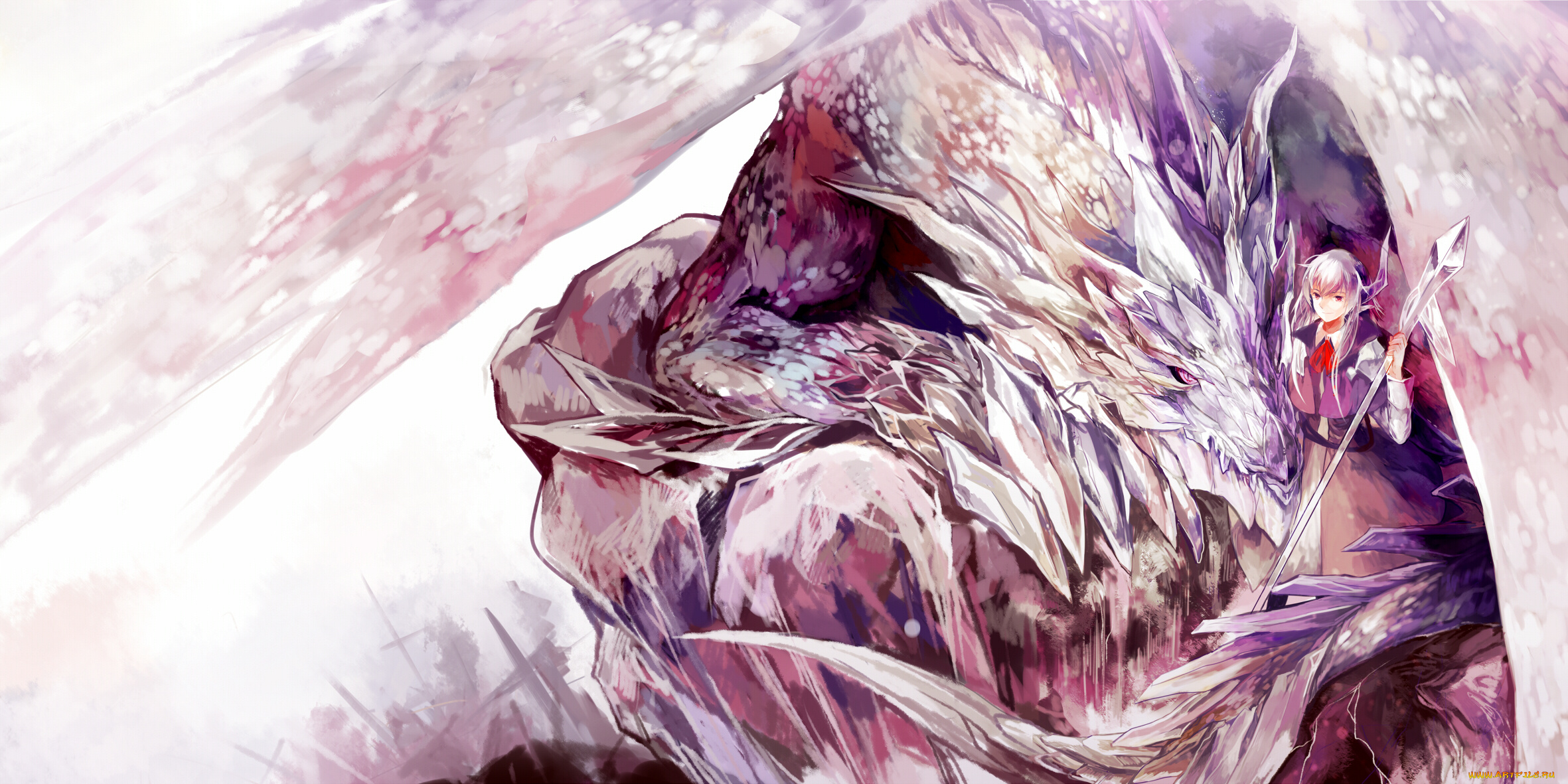 аниме, -animals, посох, рога, парень, azalea, дракон, арт