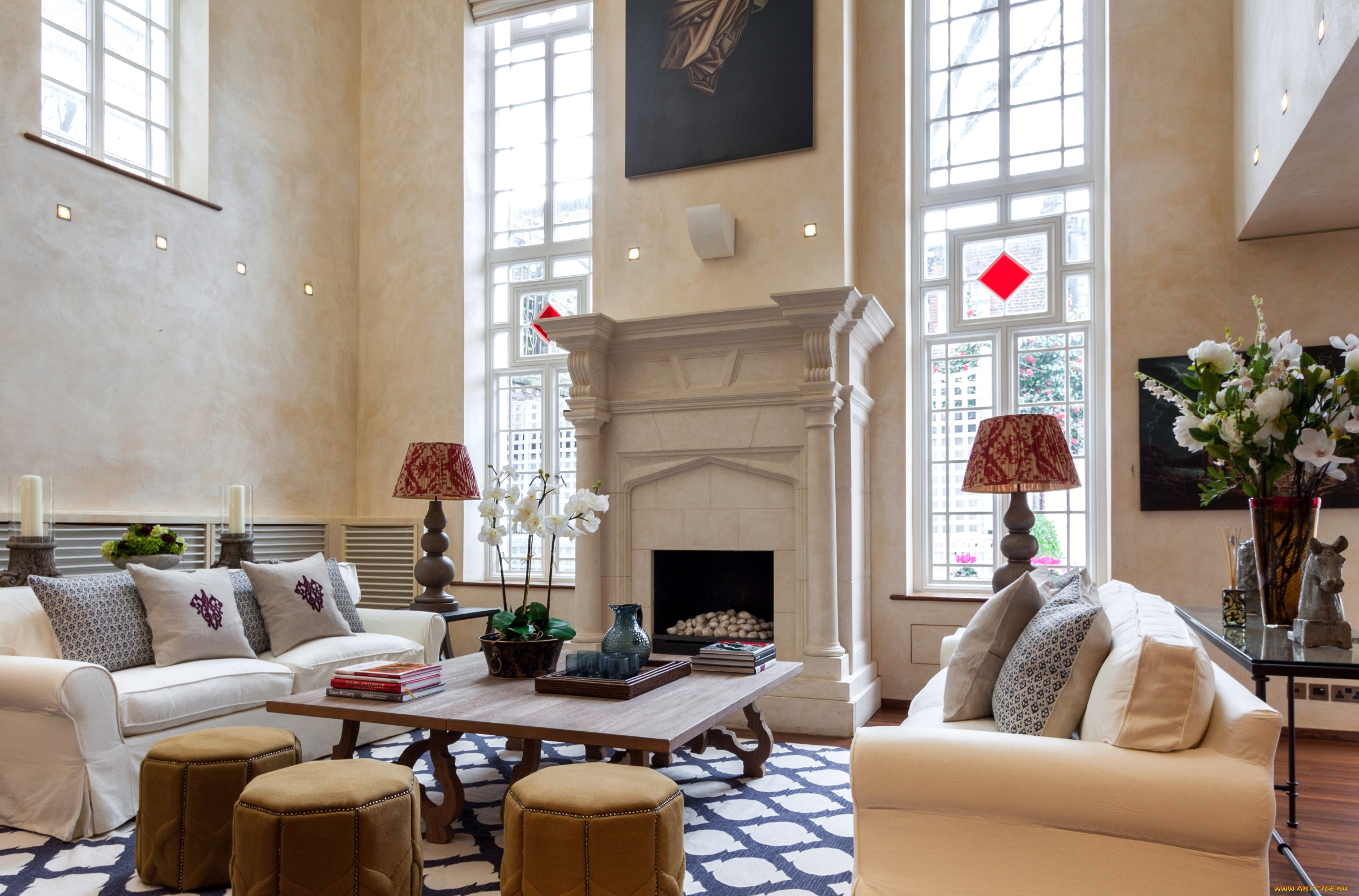 интерьер, гостиная, камин, диваны