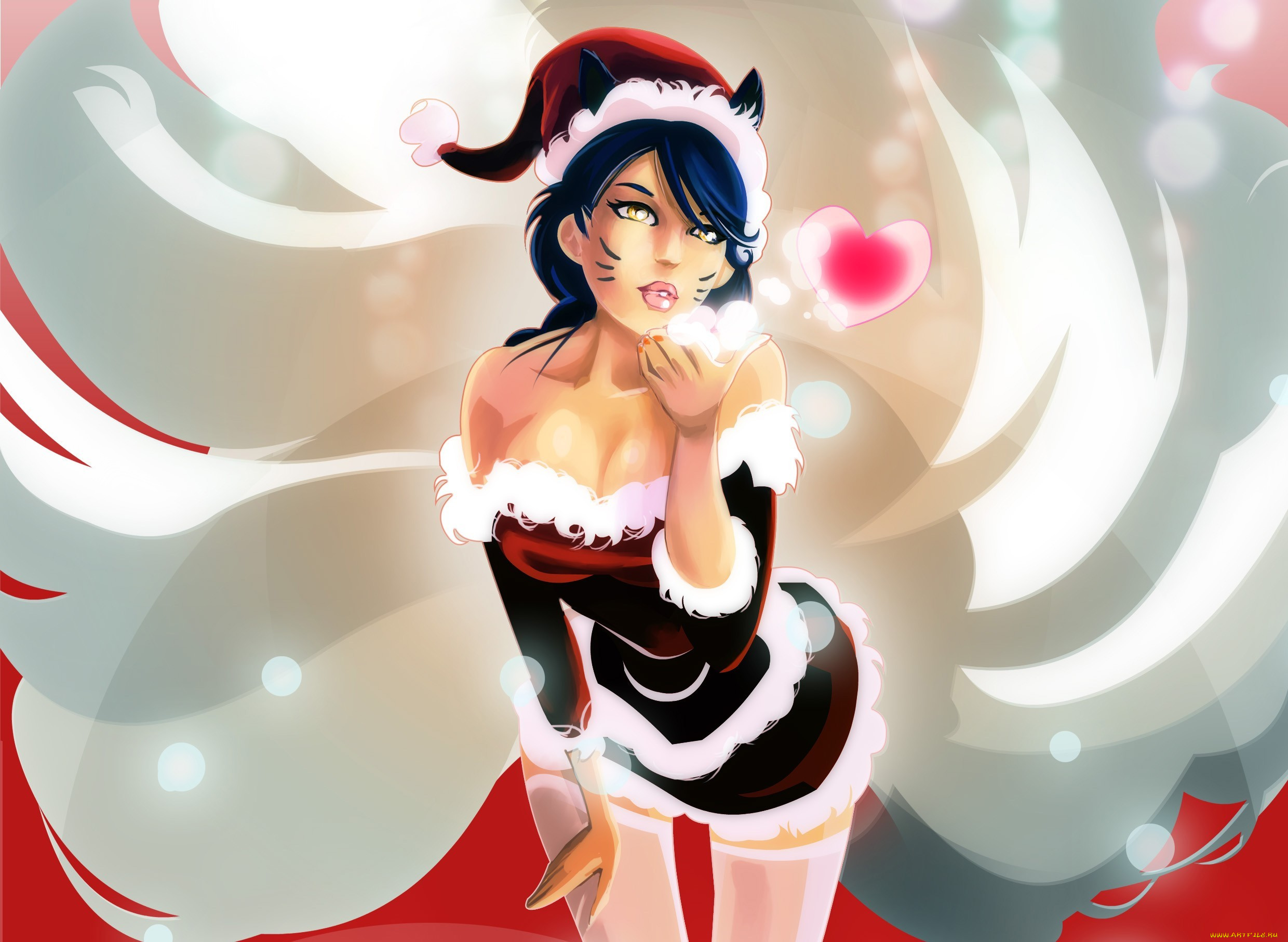 видео, игры, league, of, legends, новый, год, league, of, legends, ahri, костюм, поцелуй, сердечко, арт