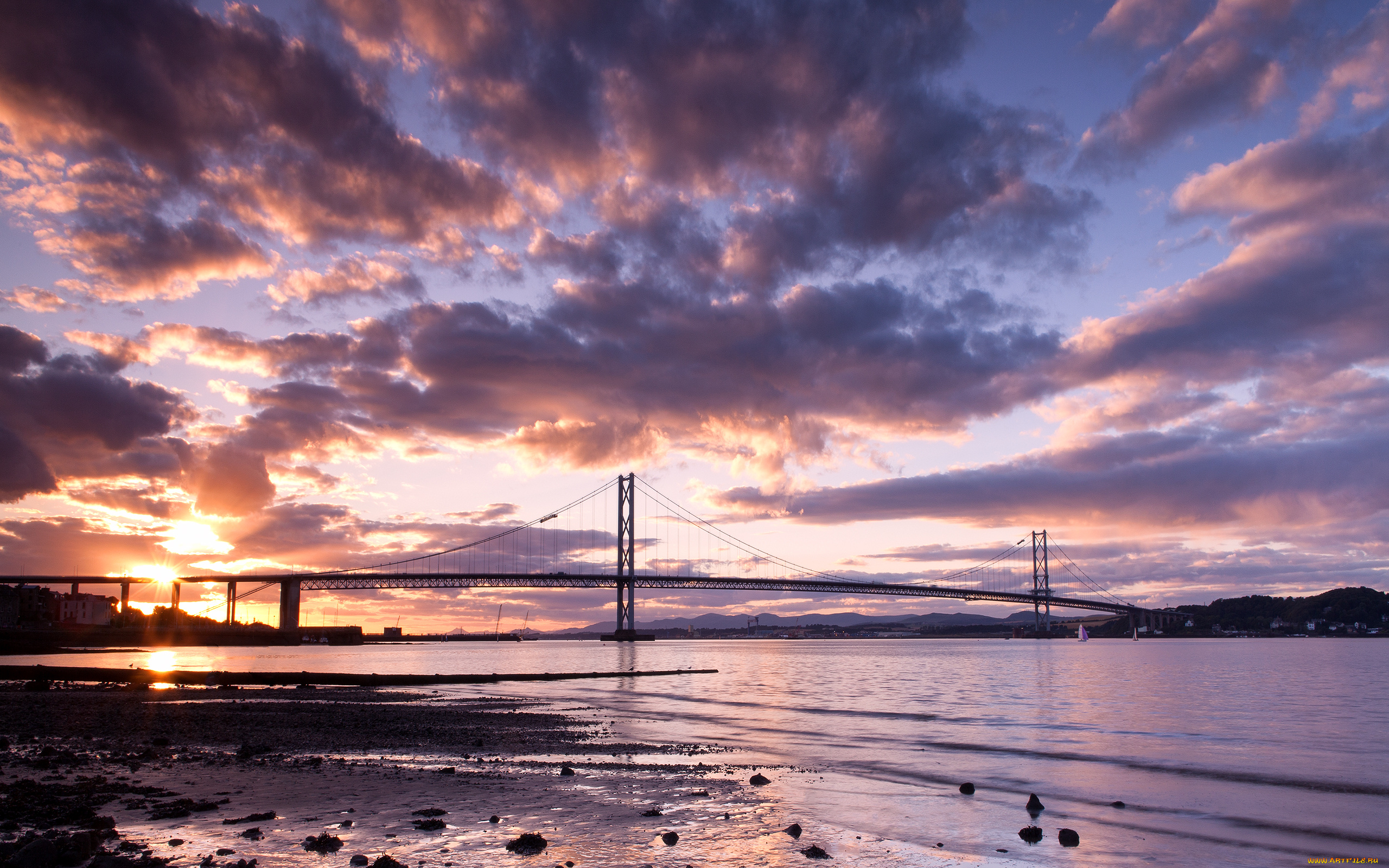 forth, road, bridge, in, scotland, города, -, мосты, река, берега, облака, камни, рассвет, мост