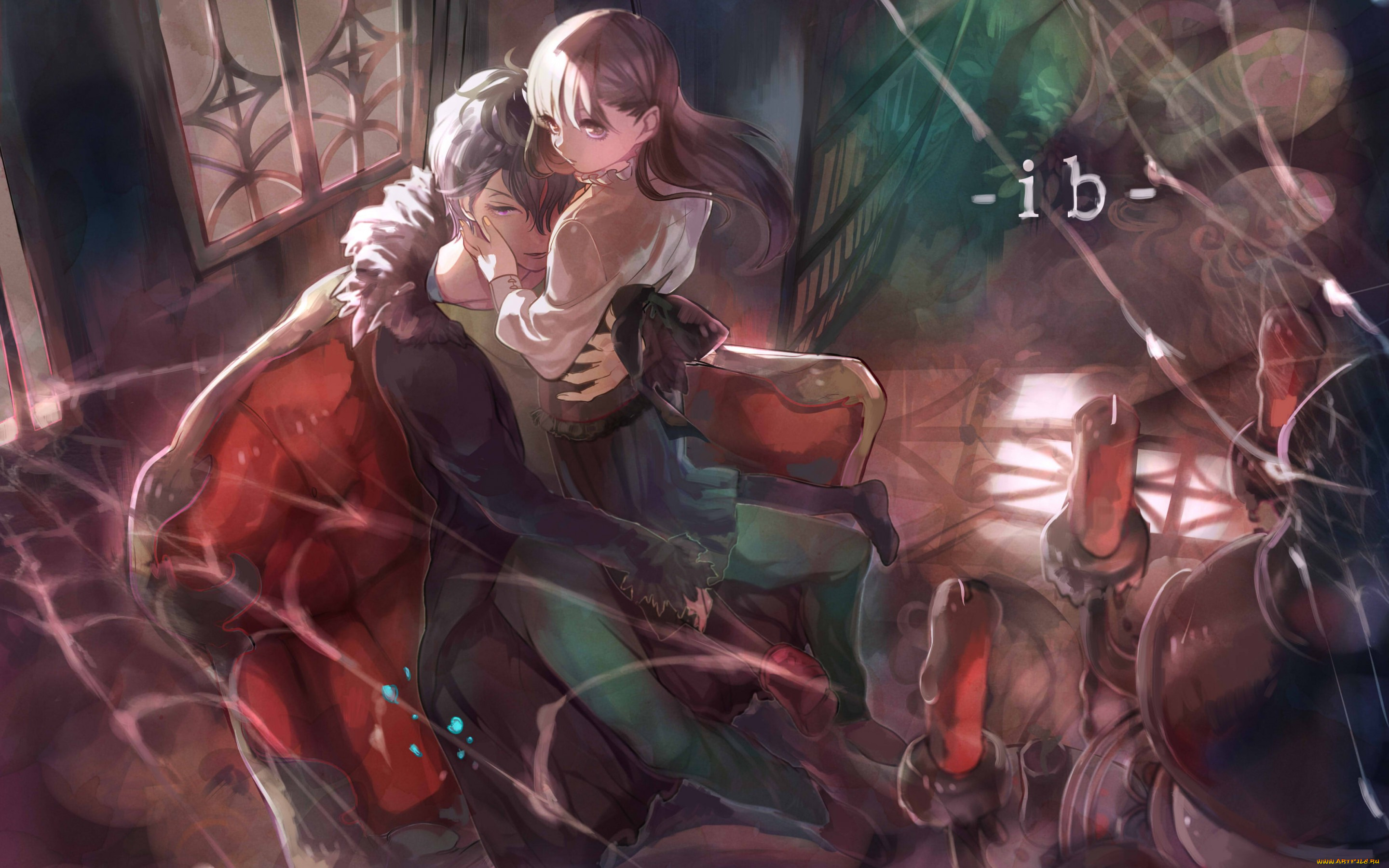 аниме, ib, девушка, eve, garry, свечи, паутина, парень