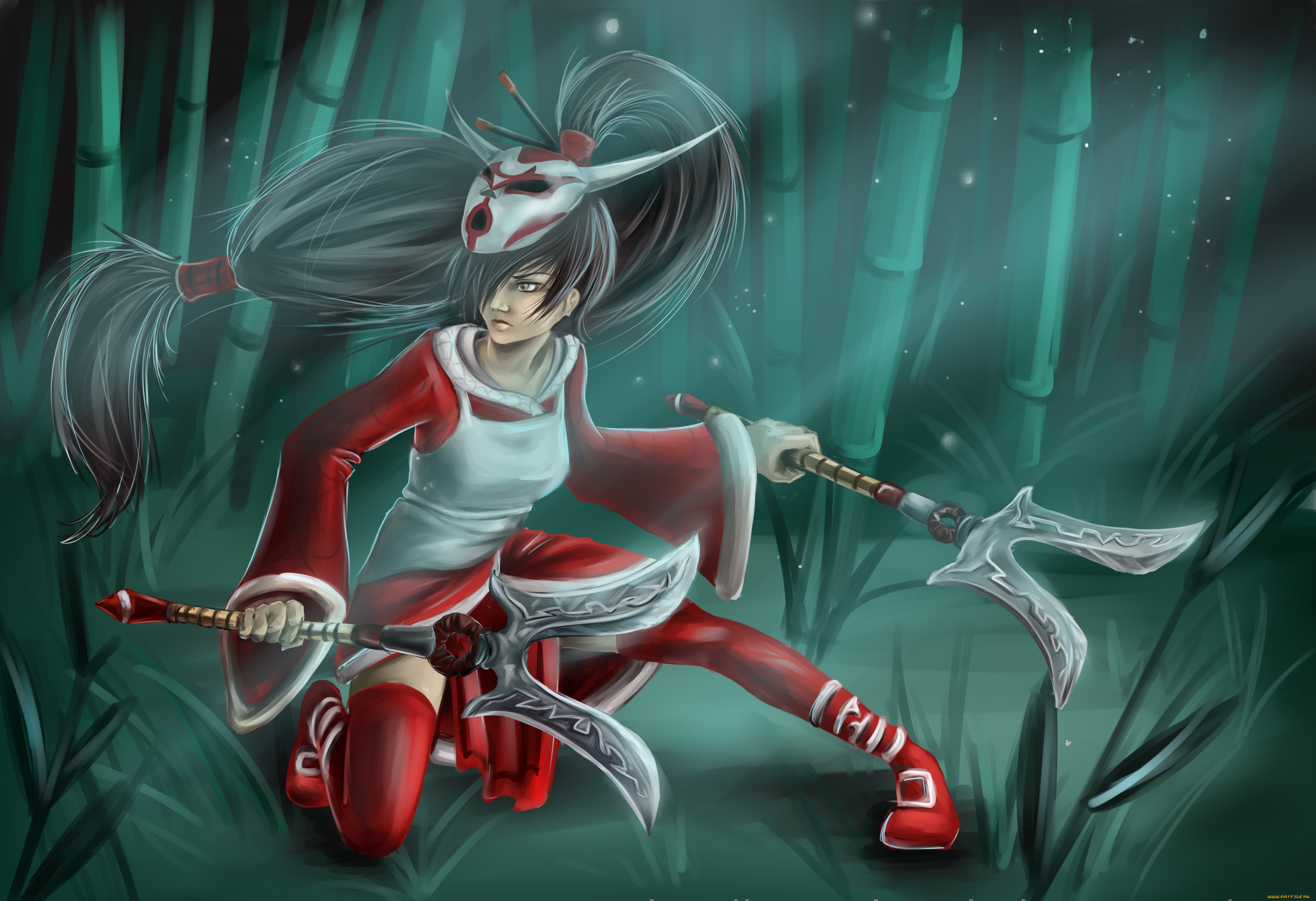 видео, игры, league, of, legends, девушка, арт, league, of, legends, akali, маска, бамбук, оружие, лес