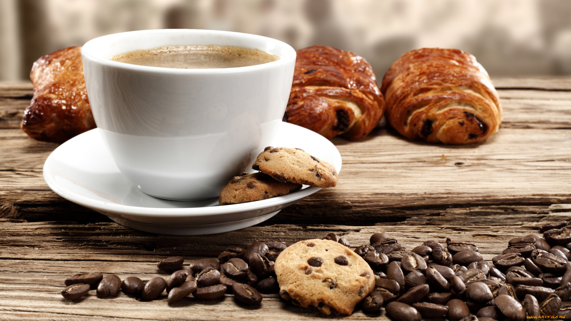 еда, кофе, , кофейные, зёрна, печенье, круассаны