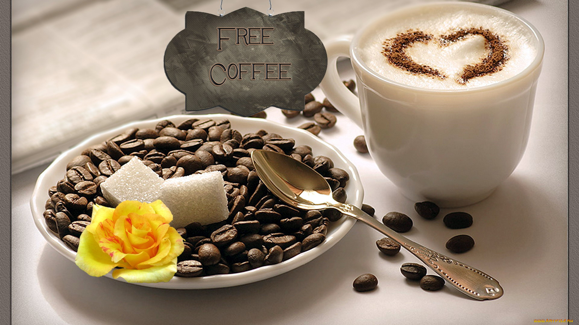 еда, кофе, , кофейные, зёрна, сахар, роза, надпись, зерна