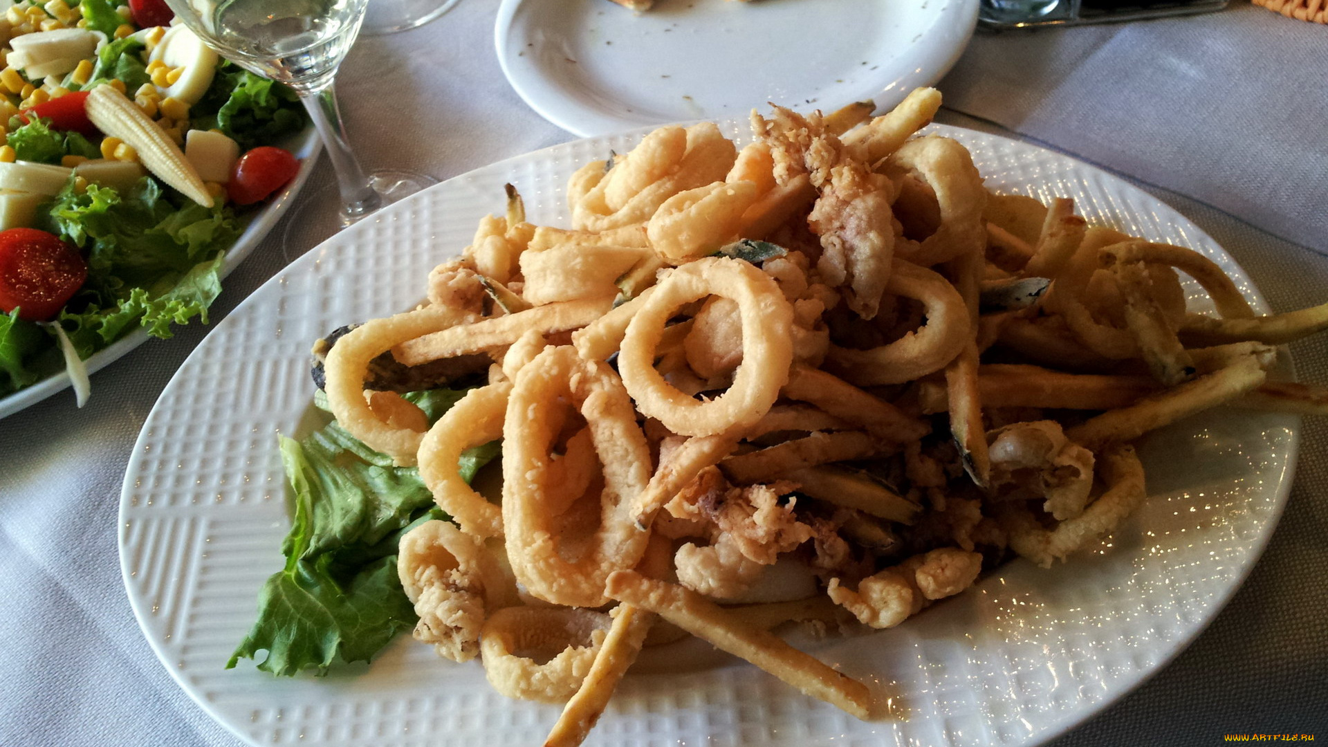 еда, рыбные, блюда, , с, морепродуктами, кольца, кальмар