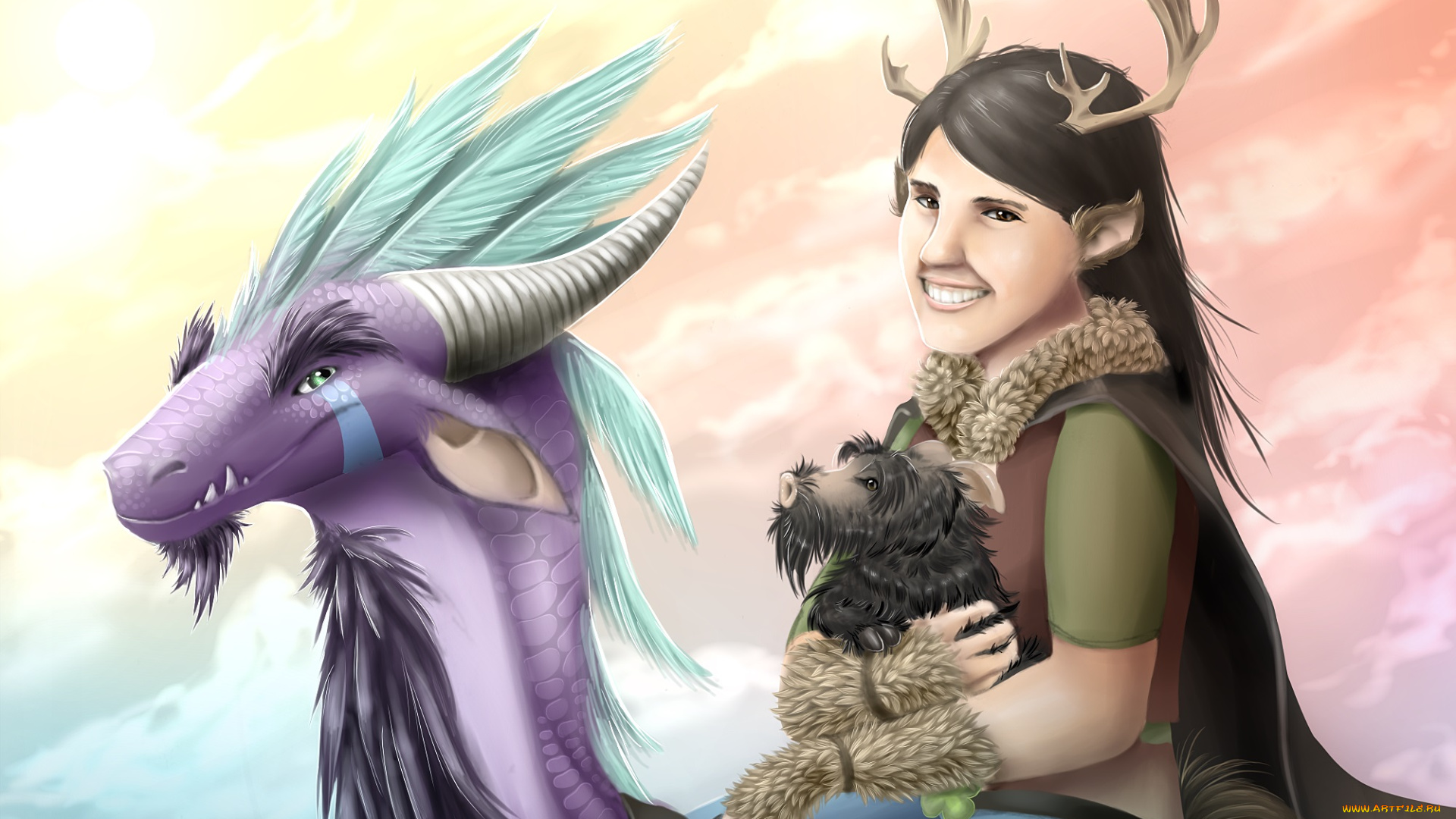 фэнтези, существа, дракон, эльфийка, рога, улыбка, взгляд, фон, девушка