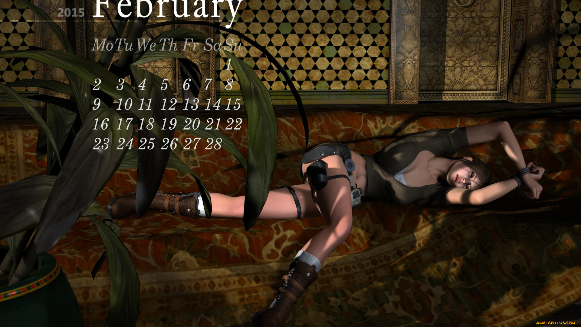 календари, 3д-графика, девушка, фон, диван