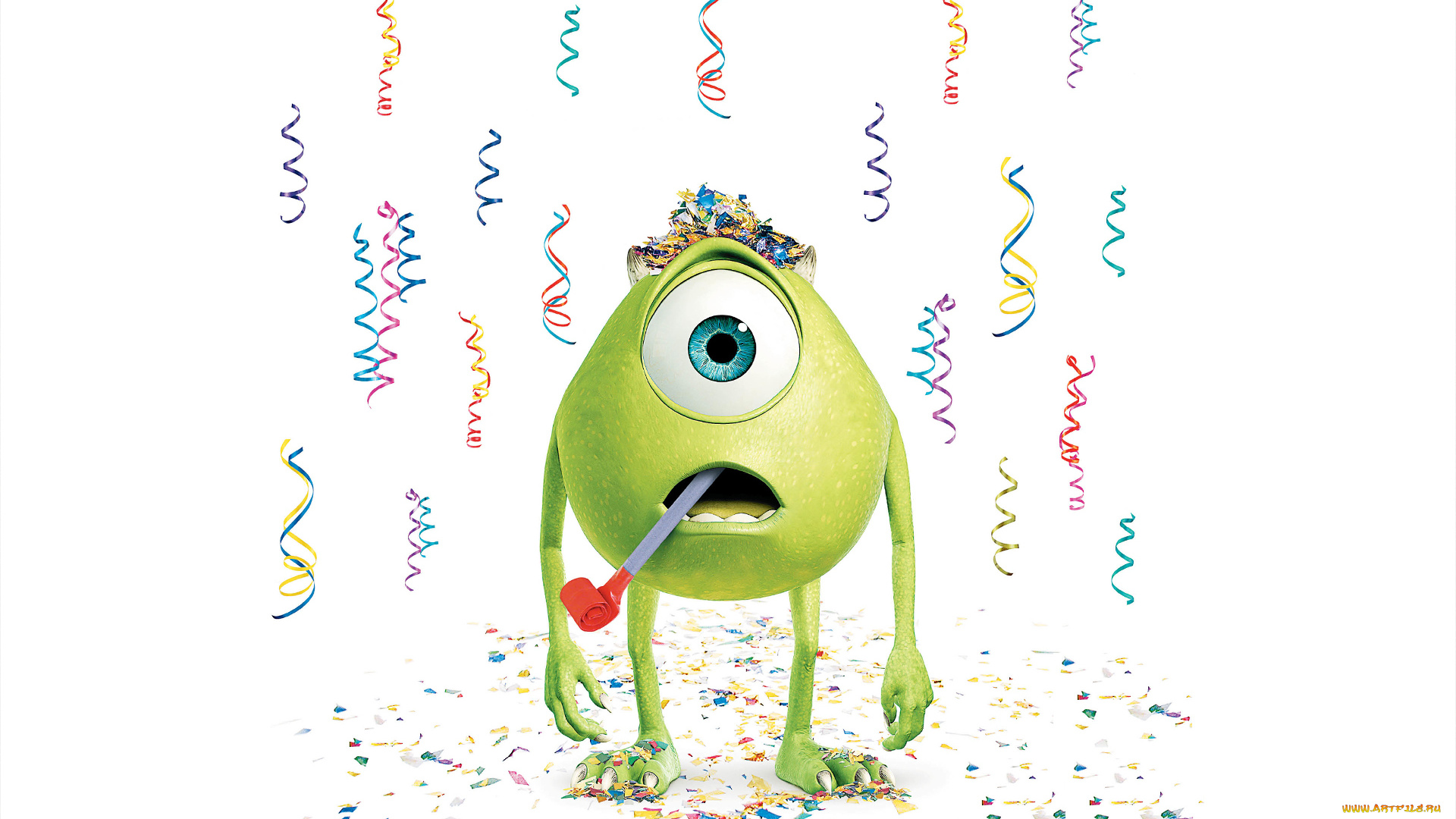 мультфильмы, monsters, inc, зеленый, праздник, inc, monsters, корпорация, монстров, конфетти, одноглазый, белый, фон
