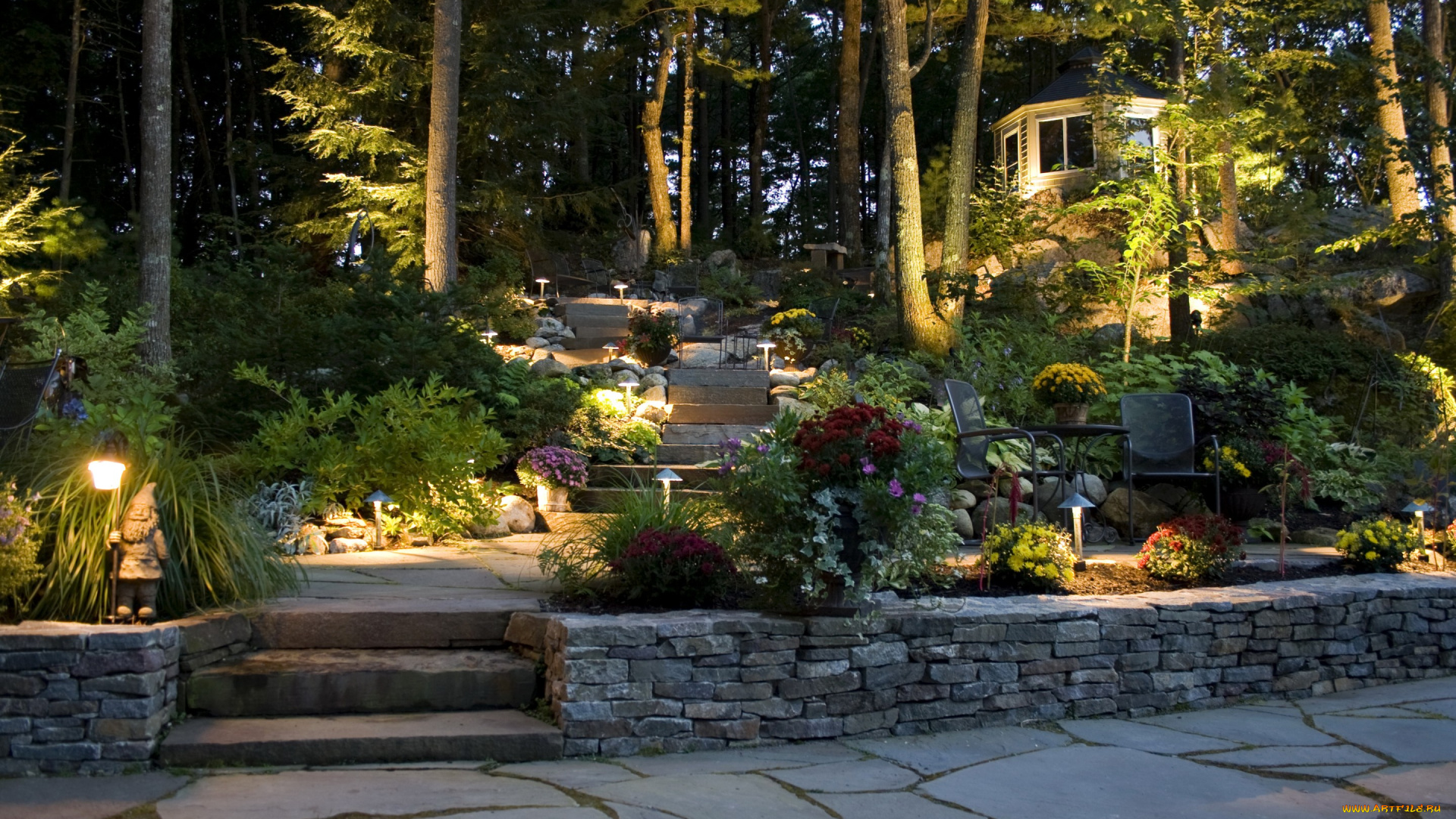 природа, парк, подъем, фонари, цветы, деревья, ступеньки, дорожка