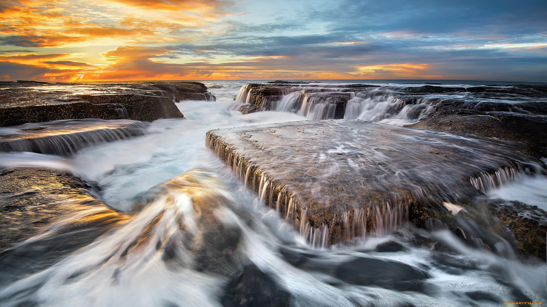 природа, побережье, австралия, пляж, камни, скалы, море, океан, вода, потоки, волны, выдержка, небо, свет, облака