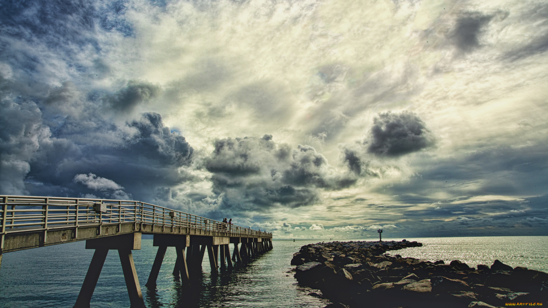 природа, побережье, мост, море, небо, облака