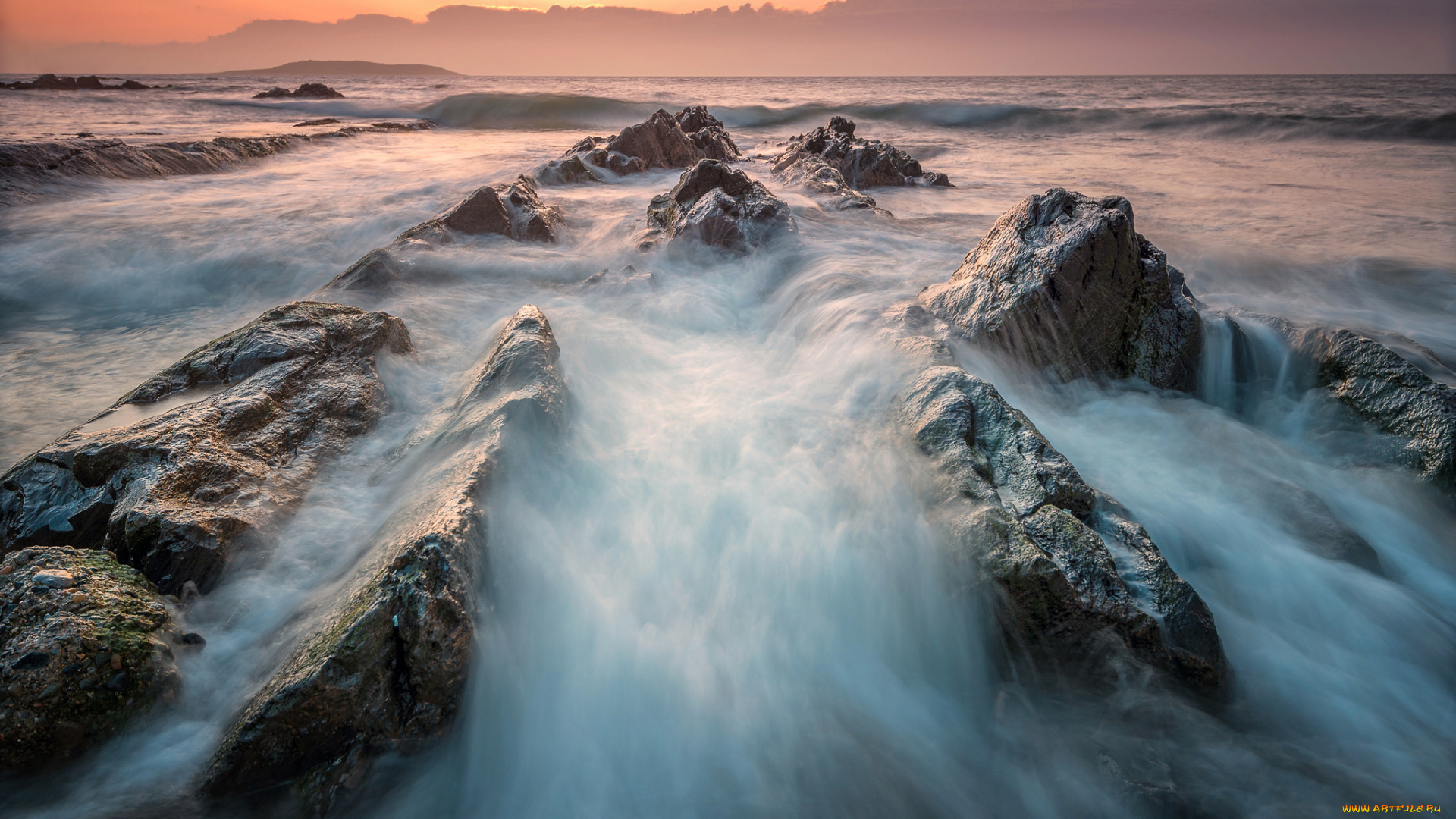 природа, побережье, потоки, вода, пляж, океан, утро, море, камни, скалы, выдержка, волны
