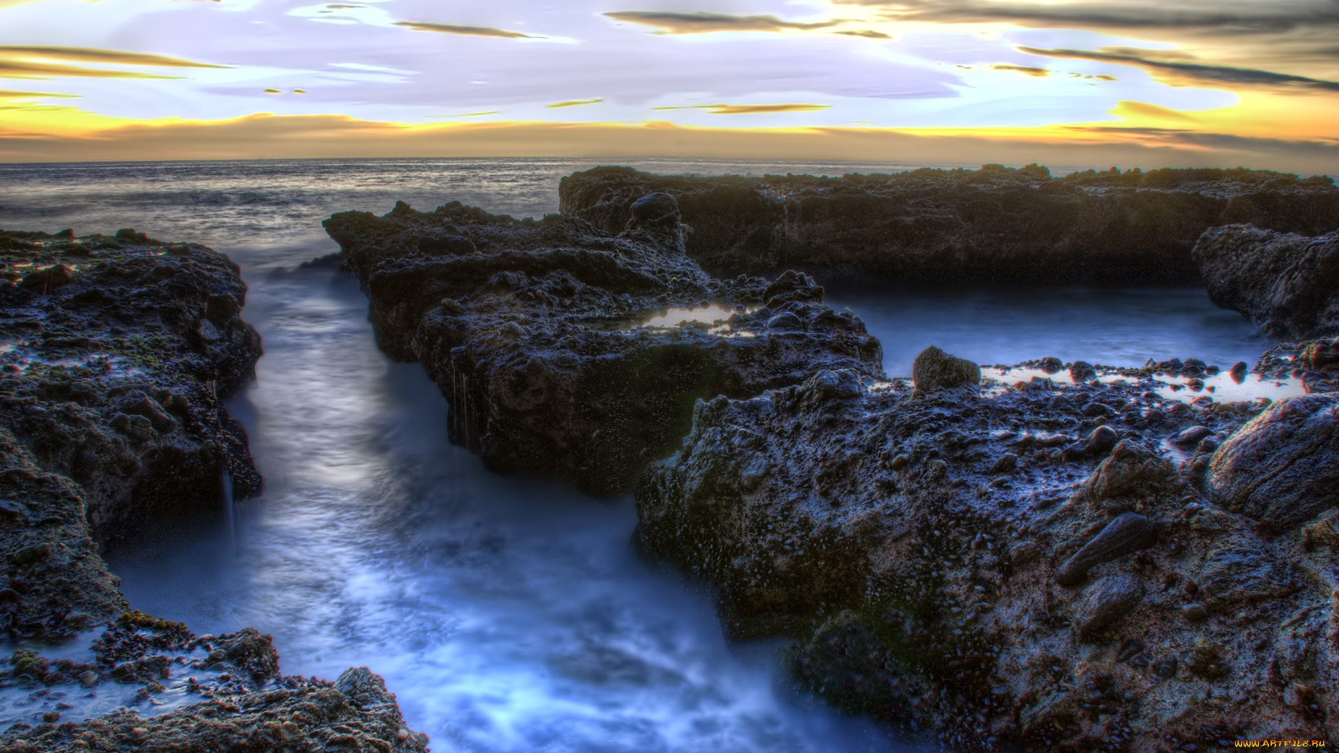 природа, побережье, сша, горизонт, рассвет, камни, море, калифорния