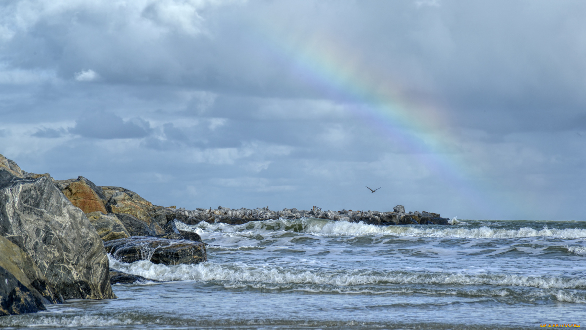 природа, радуга, море, небо, облака