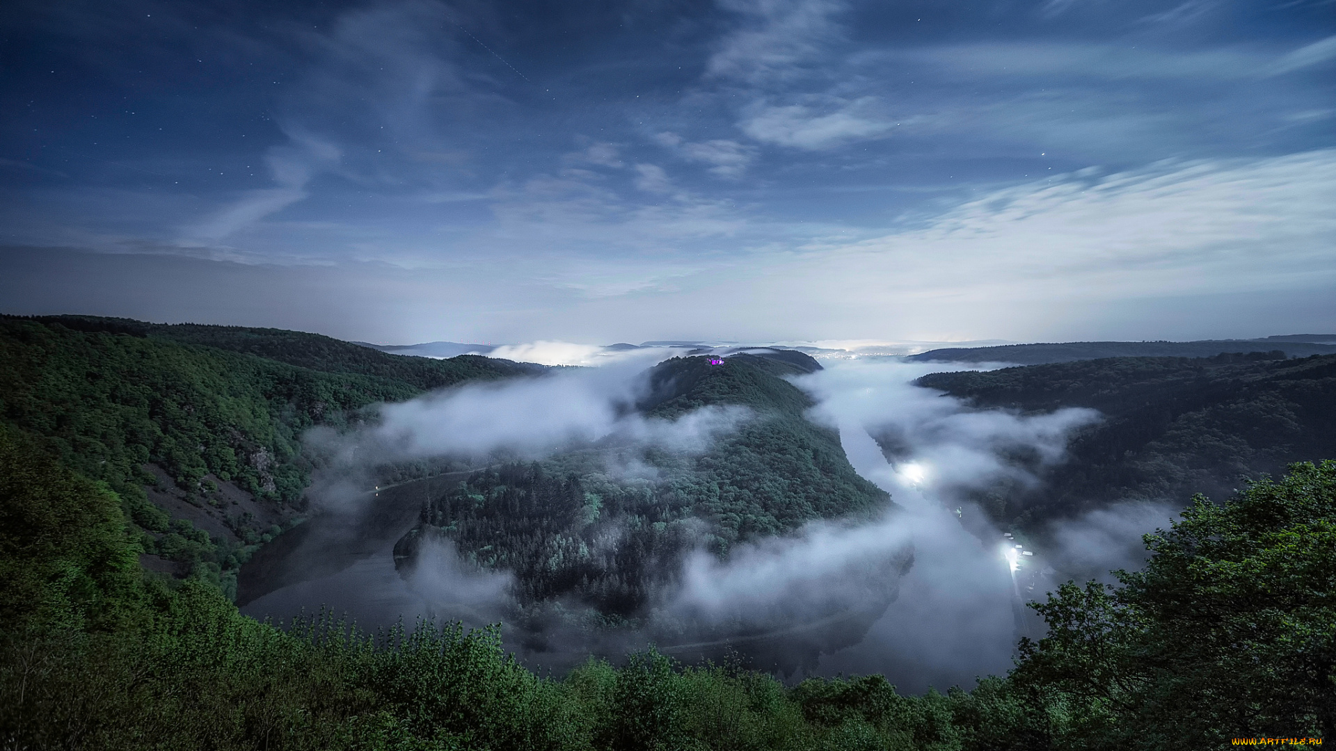 природа, реки, озера, германия, река, саар, saarschleife, весна, ночь, звезды, туман
