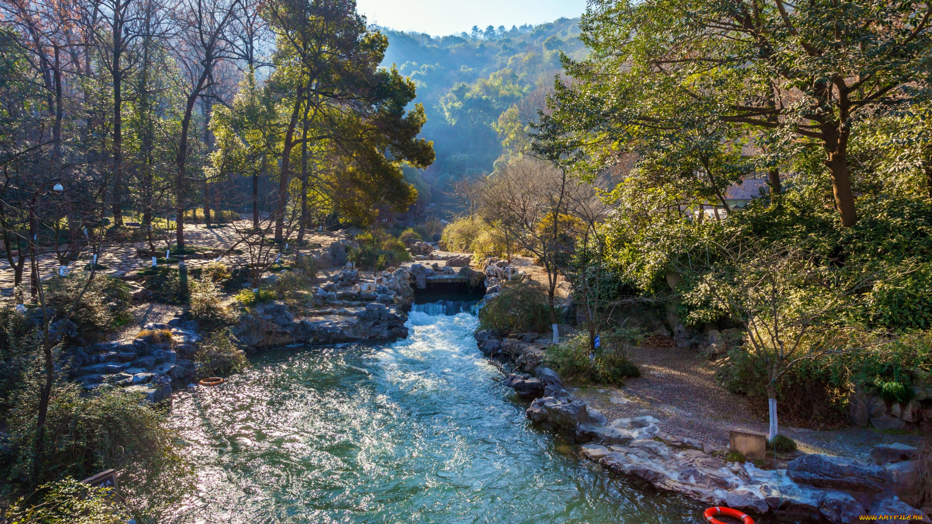 природа, реки, озера, течение, китай, ручей, камни, деревья, лес, hangzhou