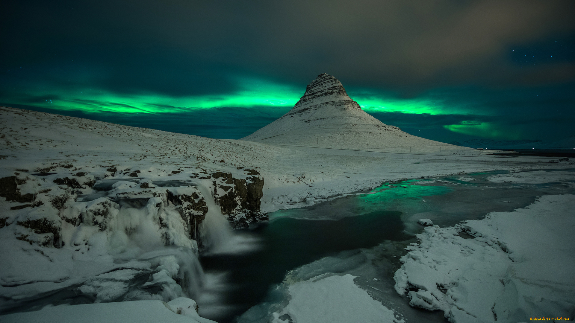 природа, северное, сияние, скалы, вулкан, гора, kirkjufell, исландия, ночь, снег, водопад