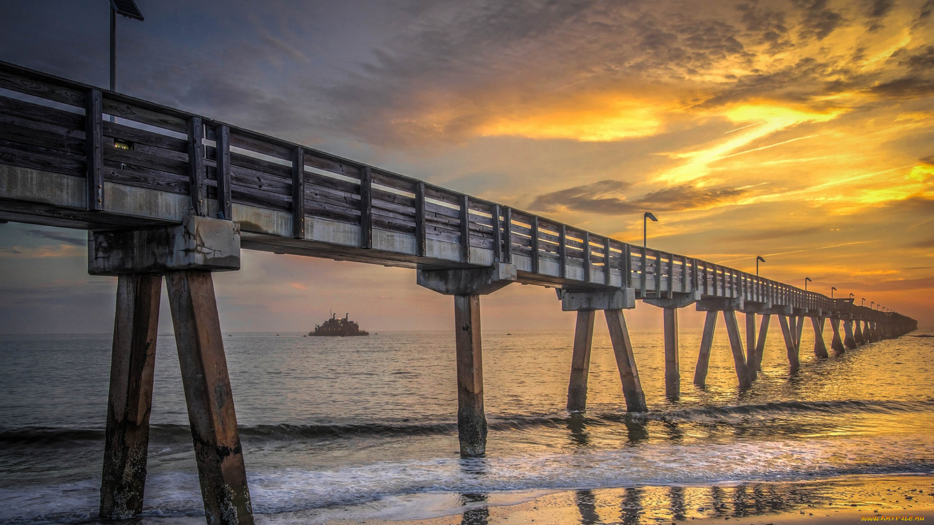 природа, восходы, закаты, океан, пляж, мост, рассвет