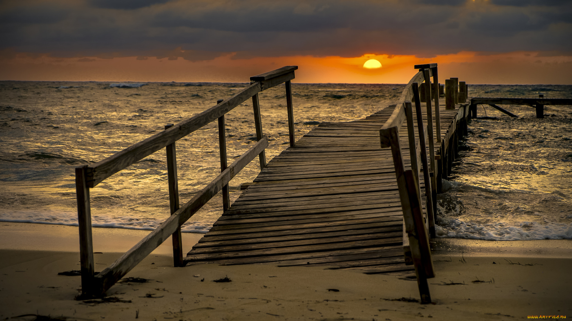 природа, восходы, закаты, океан, солнце, сумерки, мостик