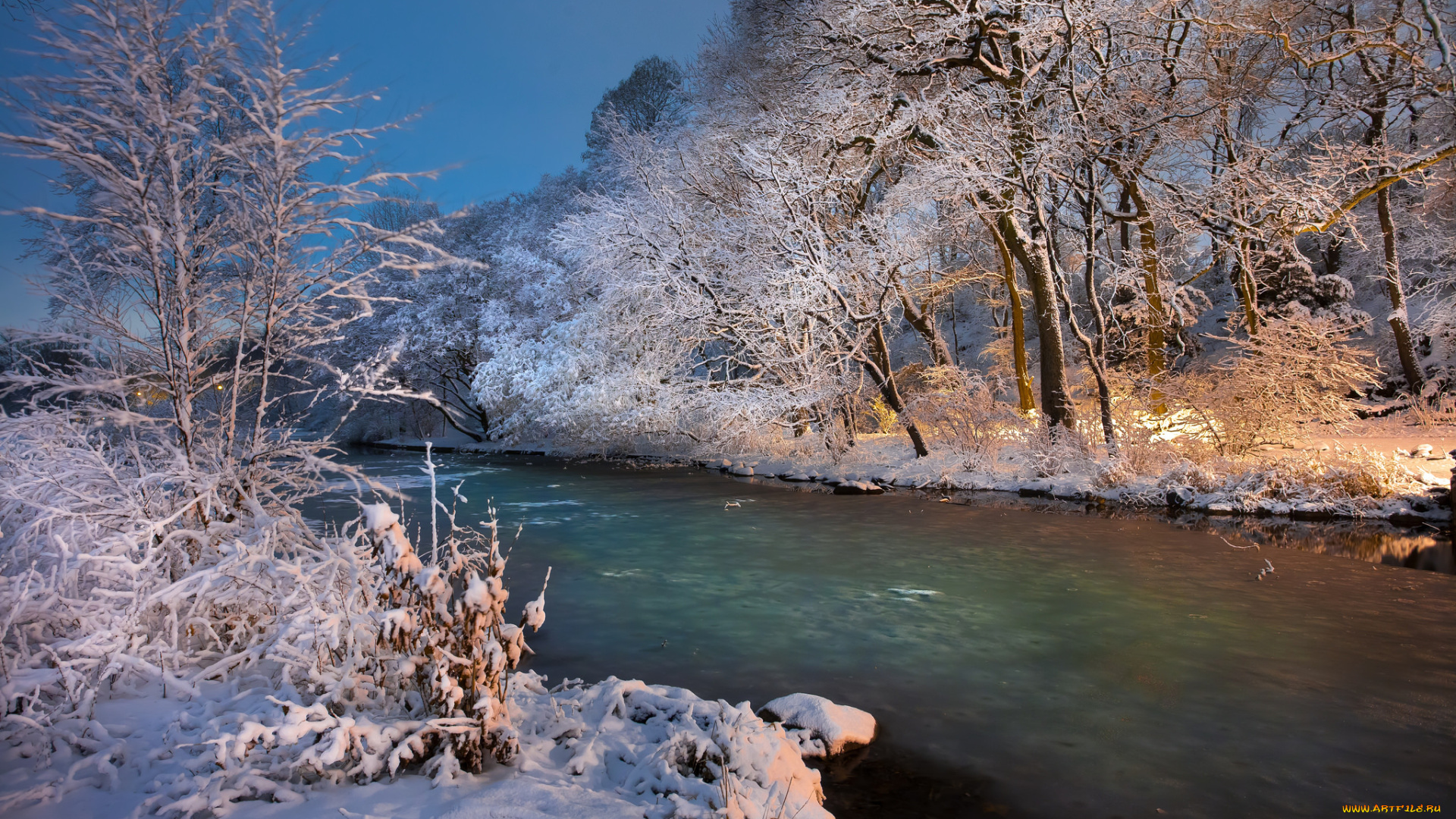 природа, зима, река, деревья, снег