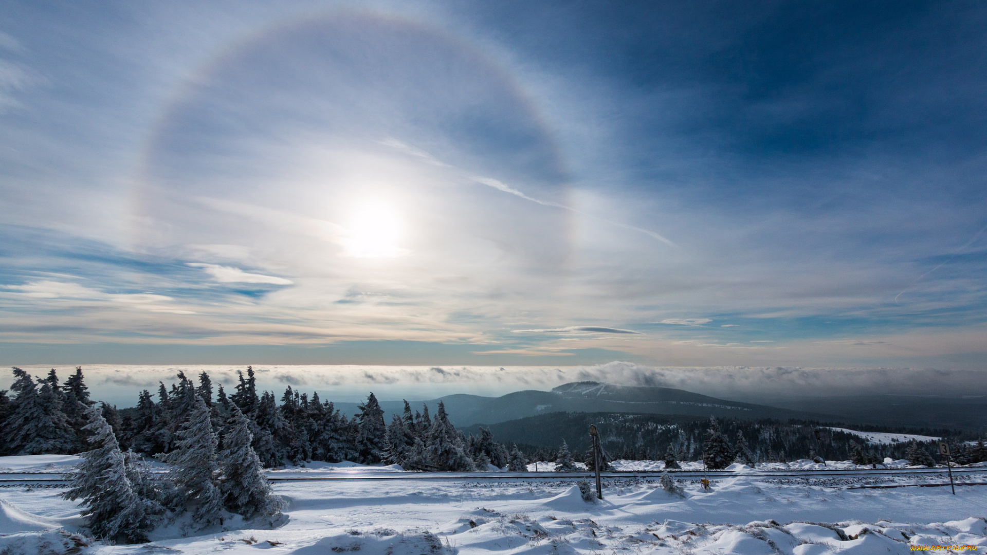 природа, зима, снег, гало, сияние, нимб, небо