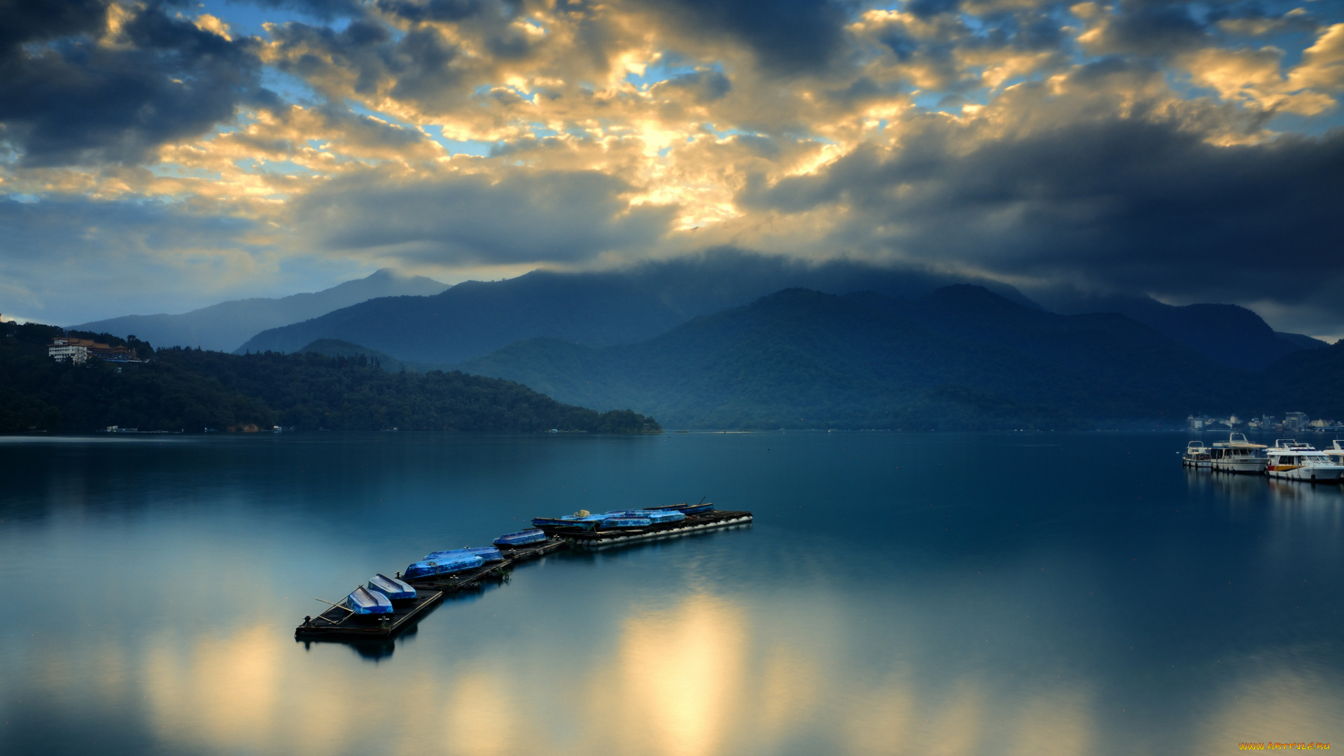 залив, природа, реки, озера, горы, рассвет, лодки, облака, паром