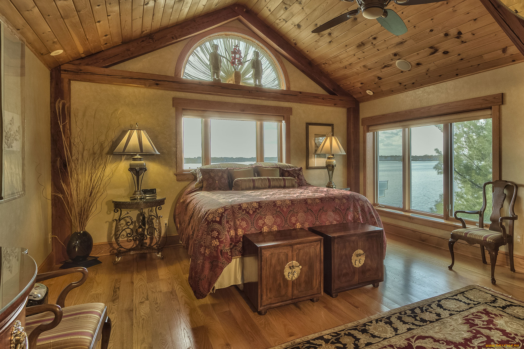 интерьер, спальня, кресло, лампы, дерево, дизайн, окна, комоды, кровать