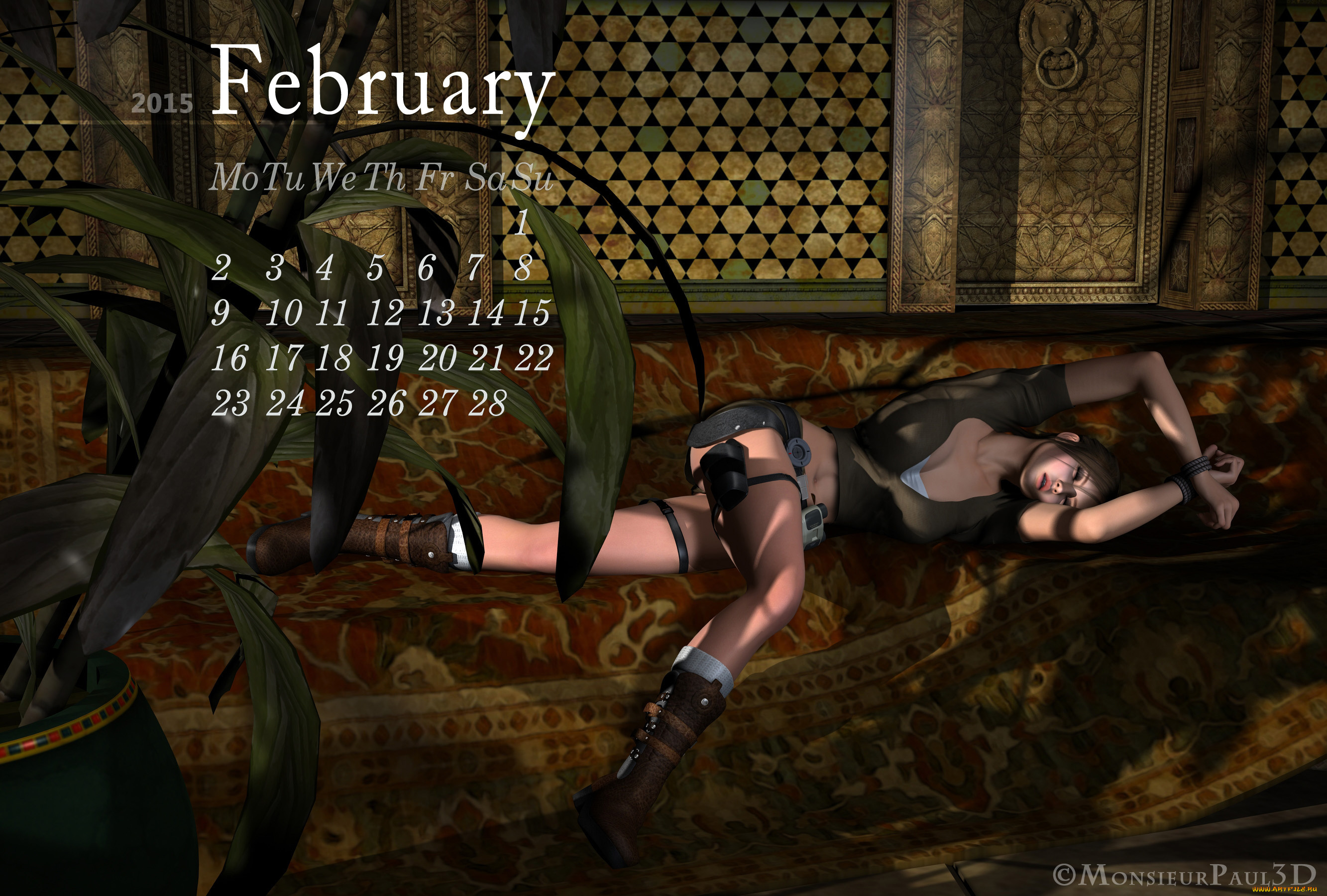 календари, 3д-графика, девушка, фон, диван