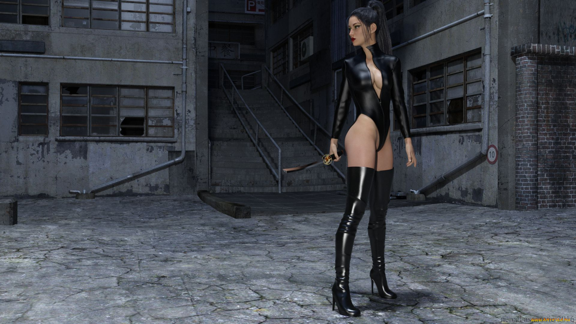 3д, графика, фантазия, , fantasy, девушка, фон, оружие, взгляд