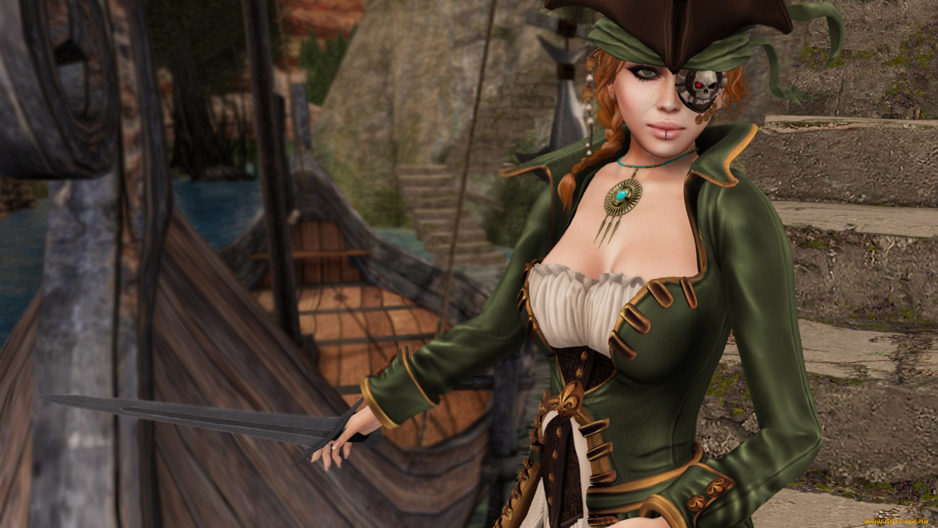 3д, графика, фантазия, , fantasy, взгляд, девушка, пират, оружие, рыжая, фон