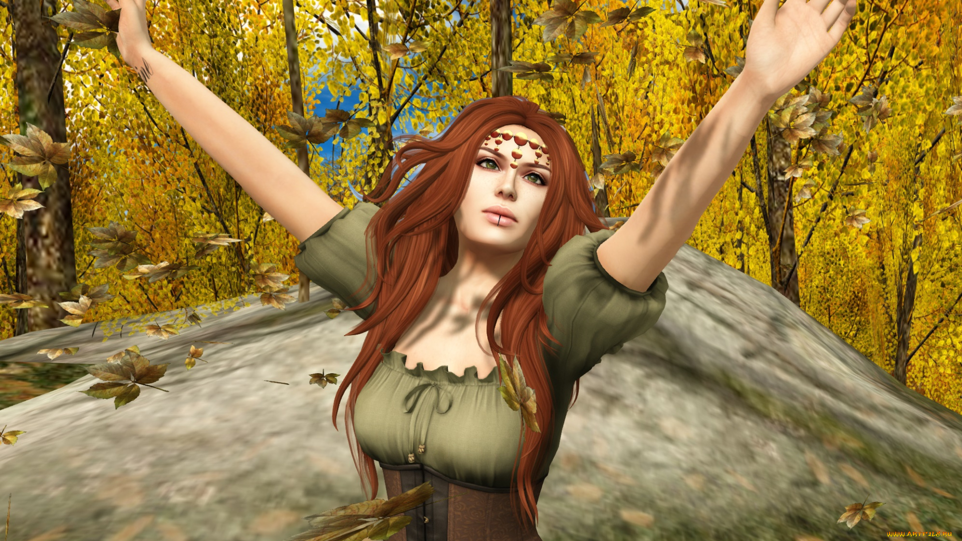 3д, графика, люди, , people, девушка, рыжая, фон, взгляд