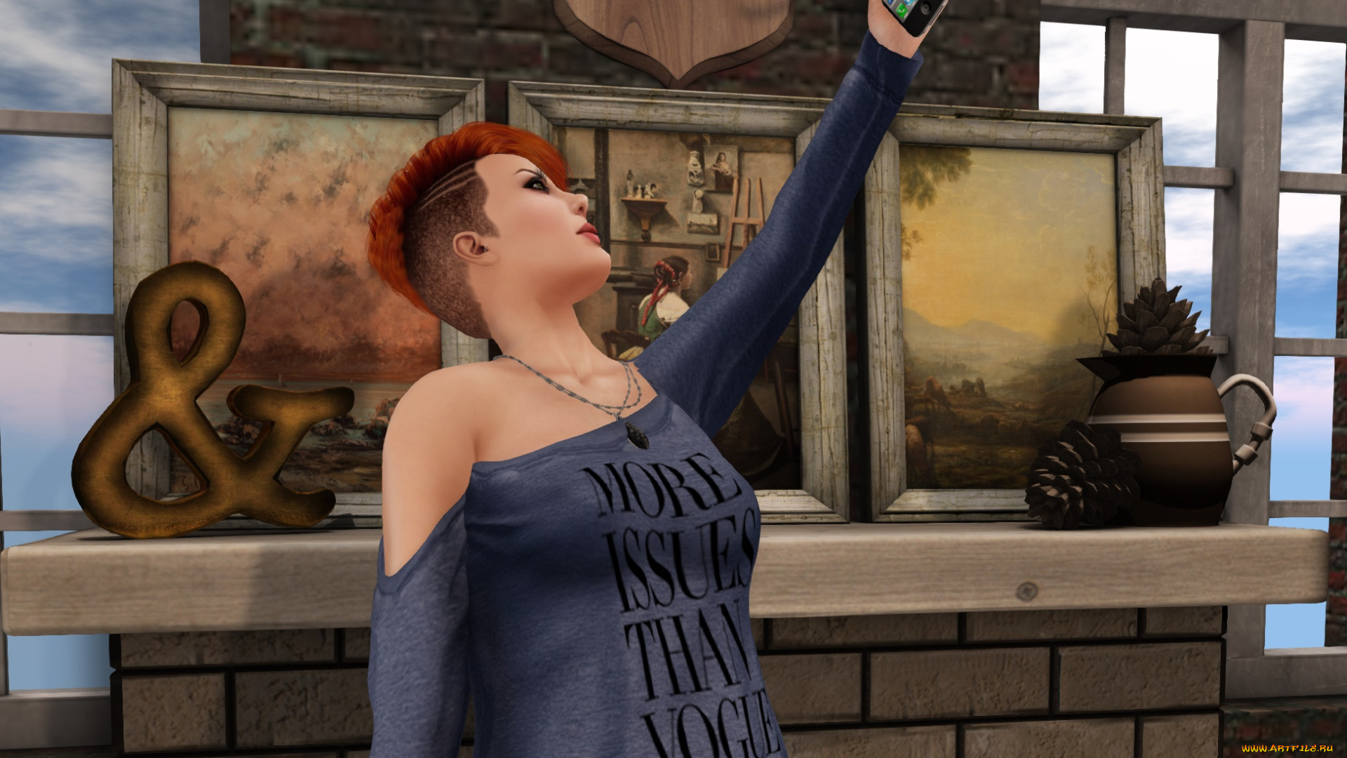 3д, графика, люди, , people, девушка, взгляд, фон, рыжая