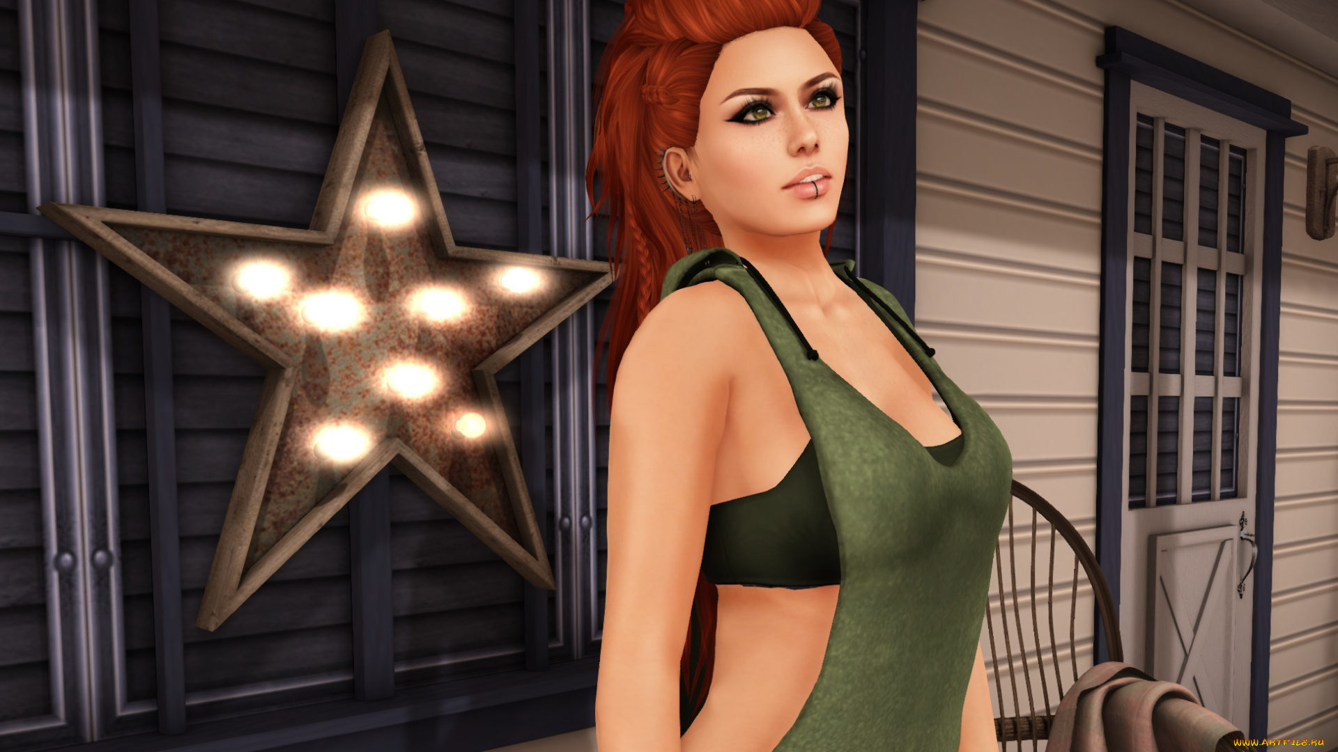 3д, графика, люди, , people, девушка, взгляд, фон, рыжая, интерьер