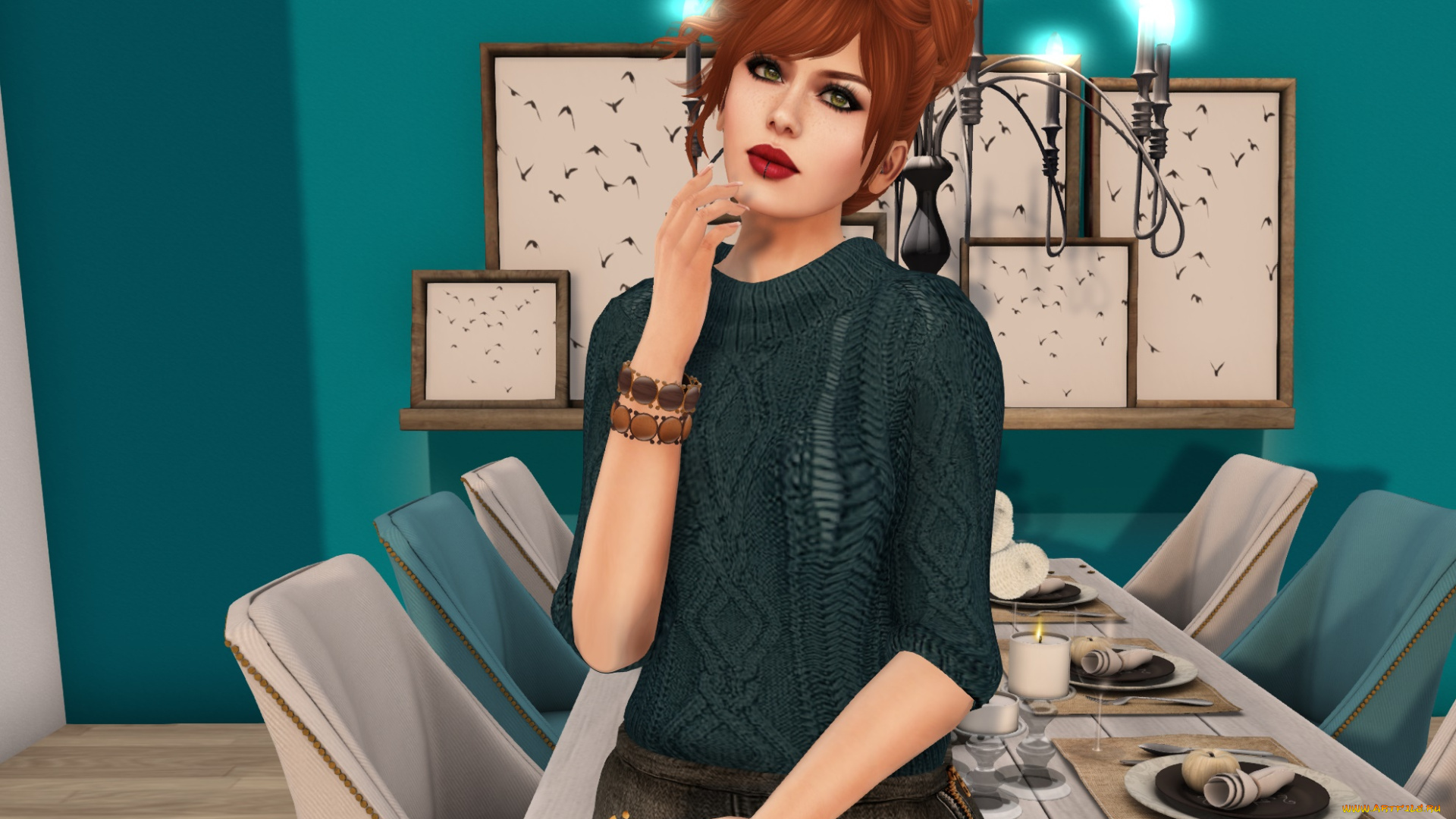 3д, графика, люди, , people, фон, интерьер, рыжая, взгляд, девушка