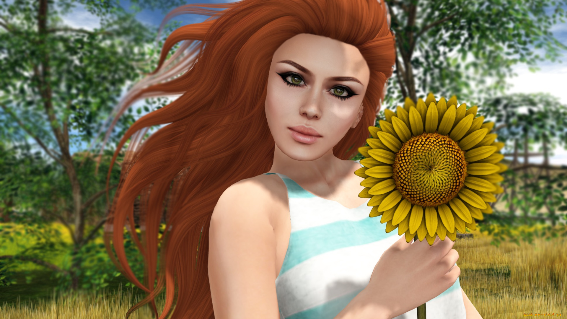 3д, графика, люди, , people, фон, рыжая, взгляд, девушка