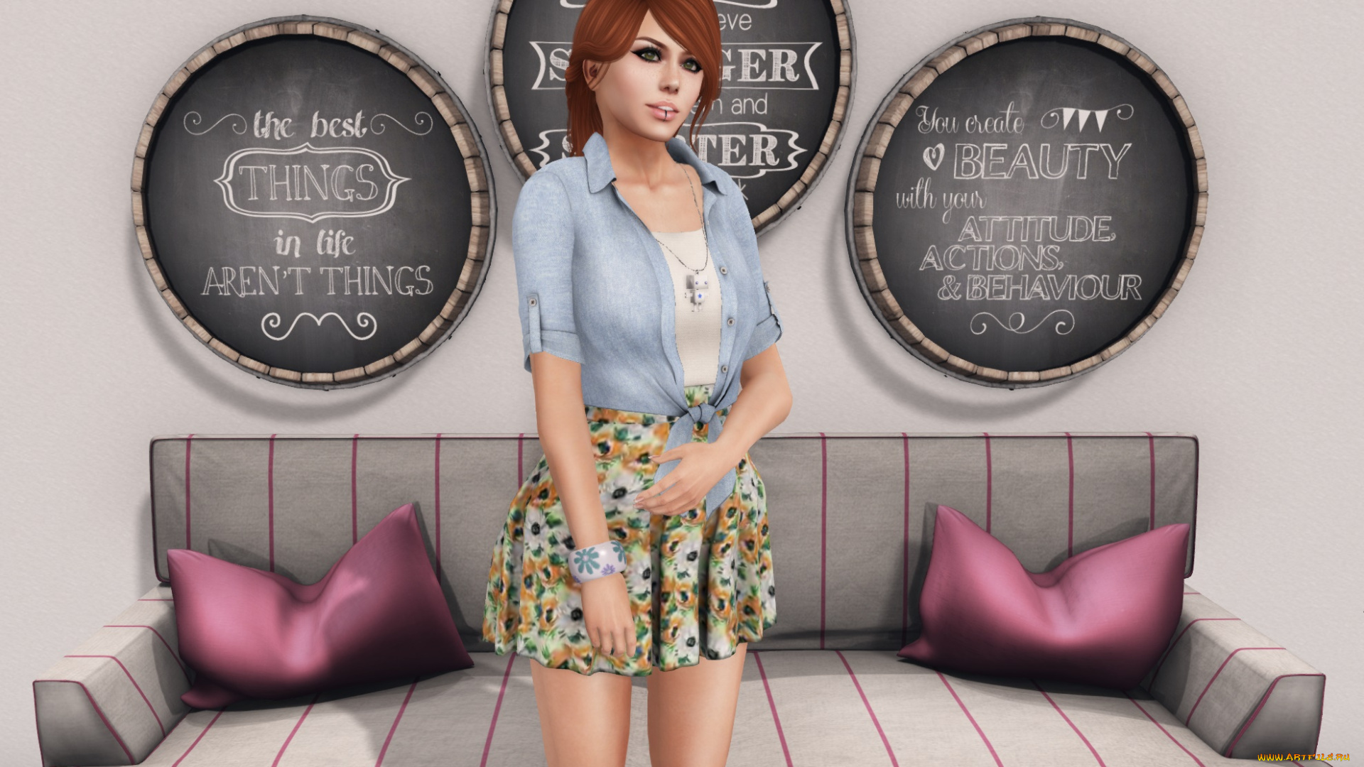 3д, графика, люди, , people, фон, взгляд, девушка, рыжая, интерьер