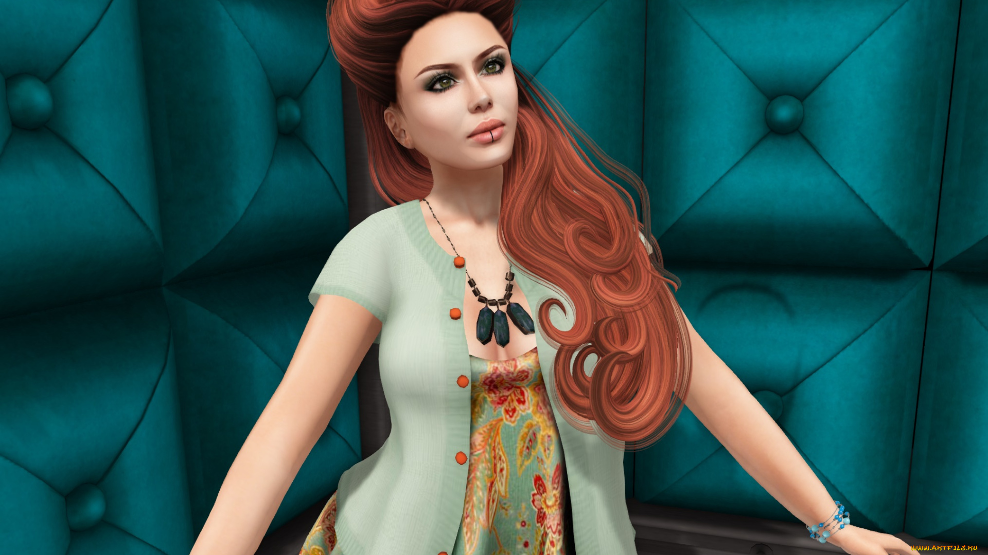 3д, графика, люди, , people, интерьер, рыжая, фон, взгляд, девушка