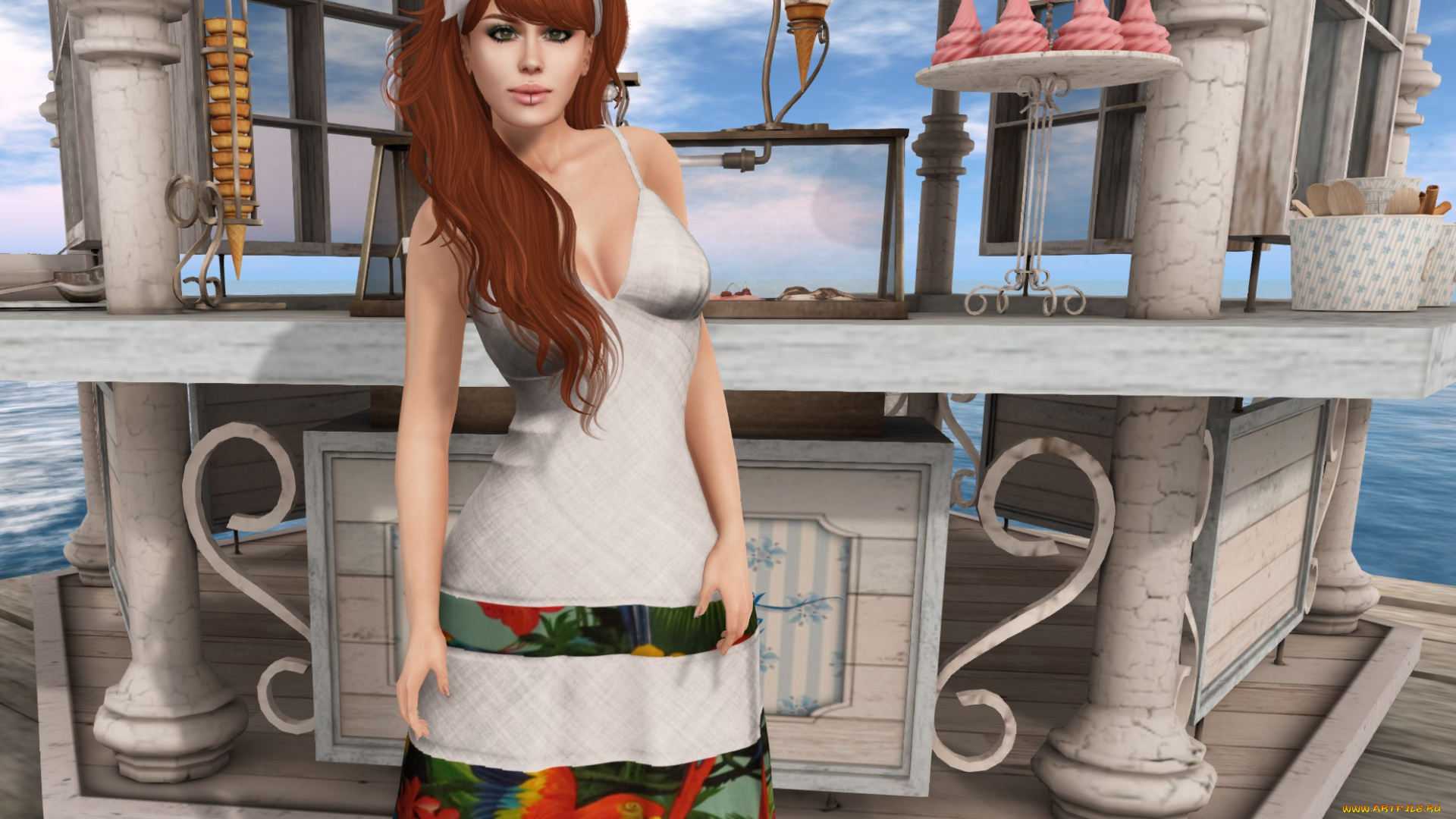 3д, графика, люди, , people, рыжая, фон, взгляд, девушка