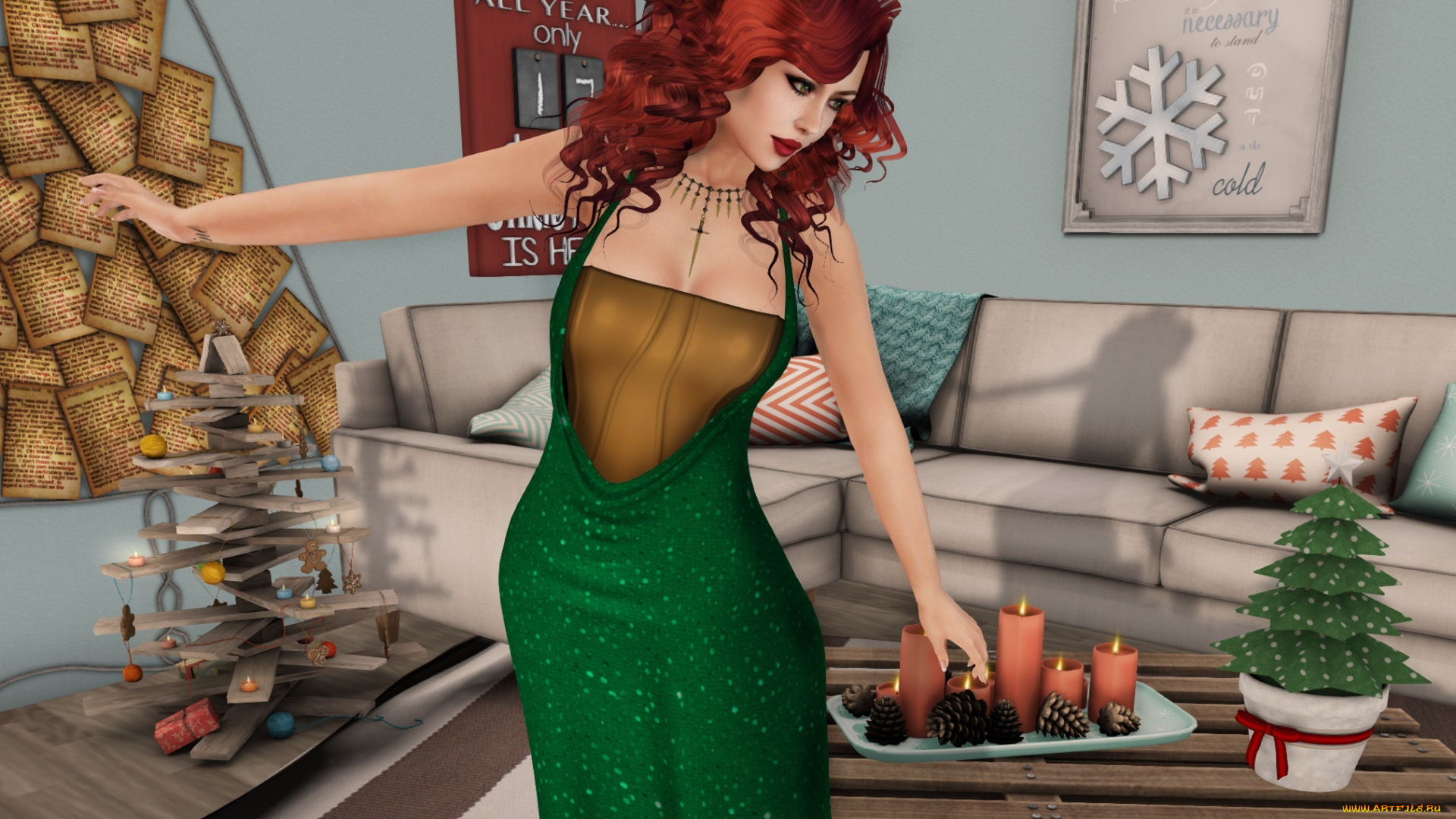 3д, графика, люди, , people, рыжая, взгляд, фон, интерьер, девушка