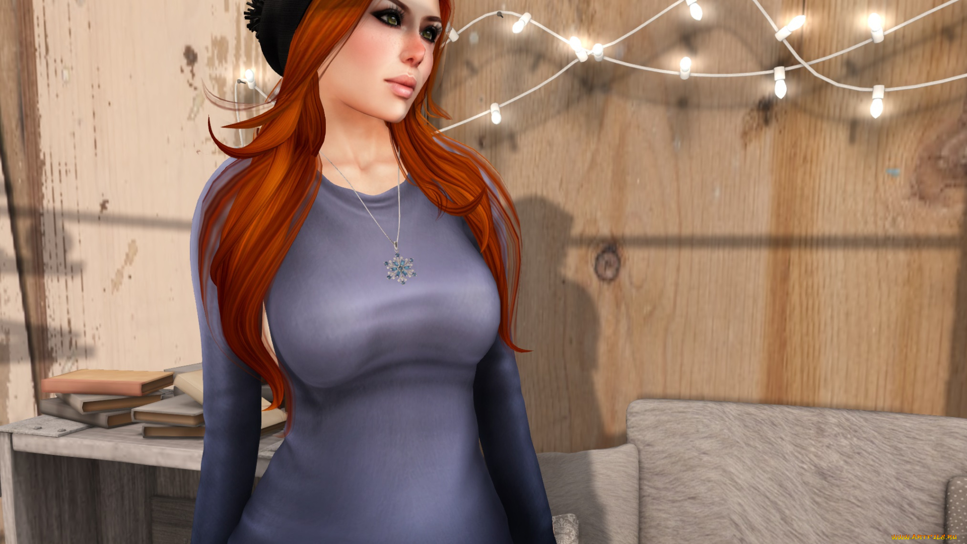 3д, графика, люди, , people, взгляд, девушка, рыжая, фон