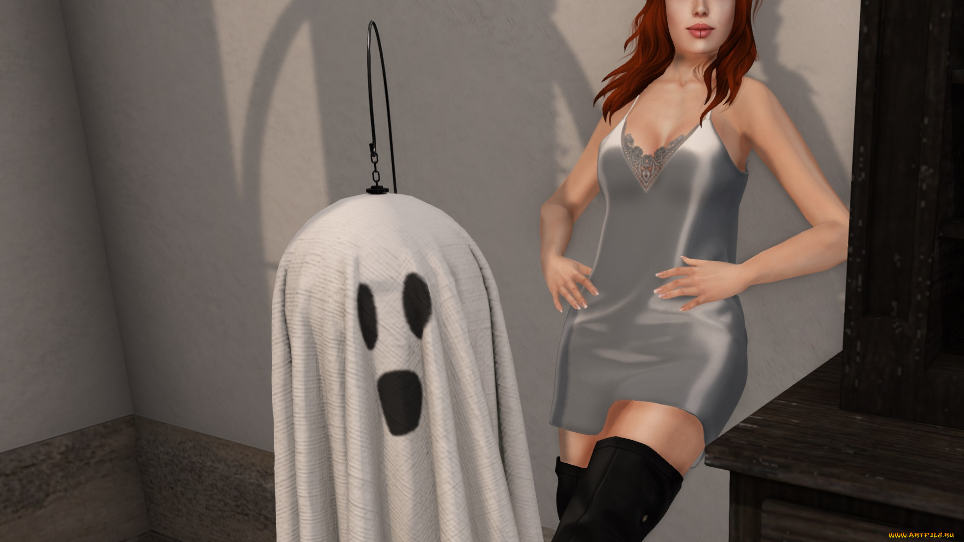 3д, графика, праздники, , holidays, интерьер, рыжая, фон, взгляд, девушка