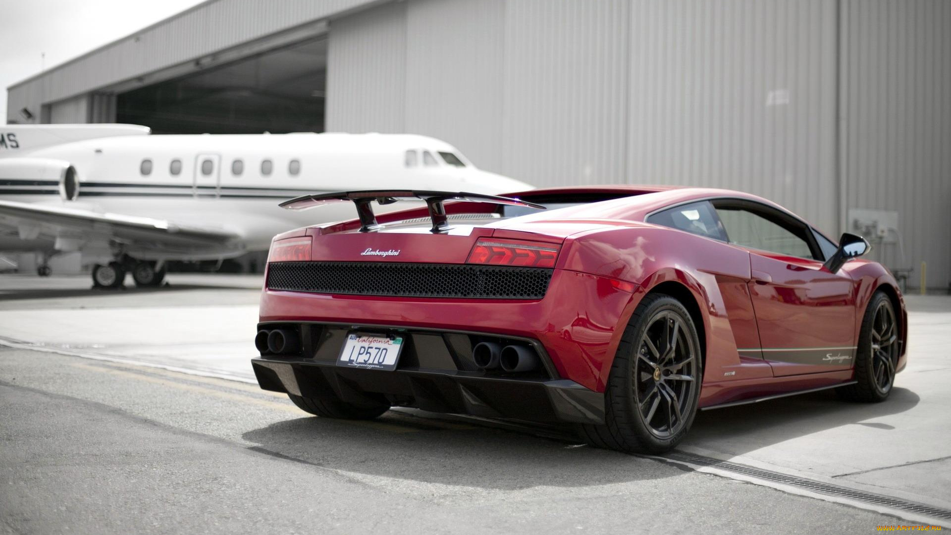 автомобили, lamborghini, ангар, самолет, красный, ламборгини