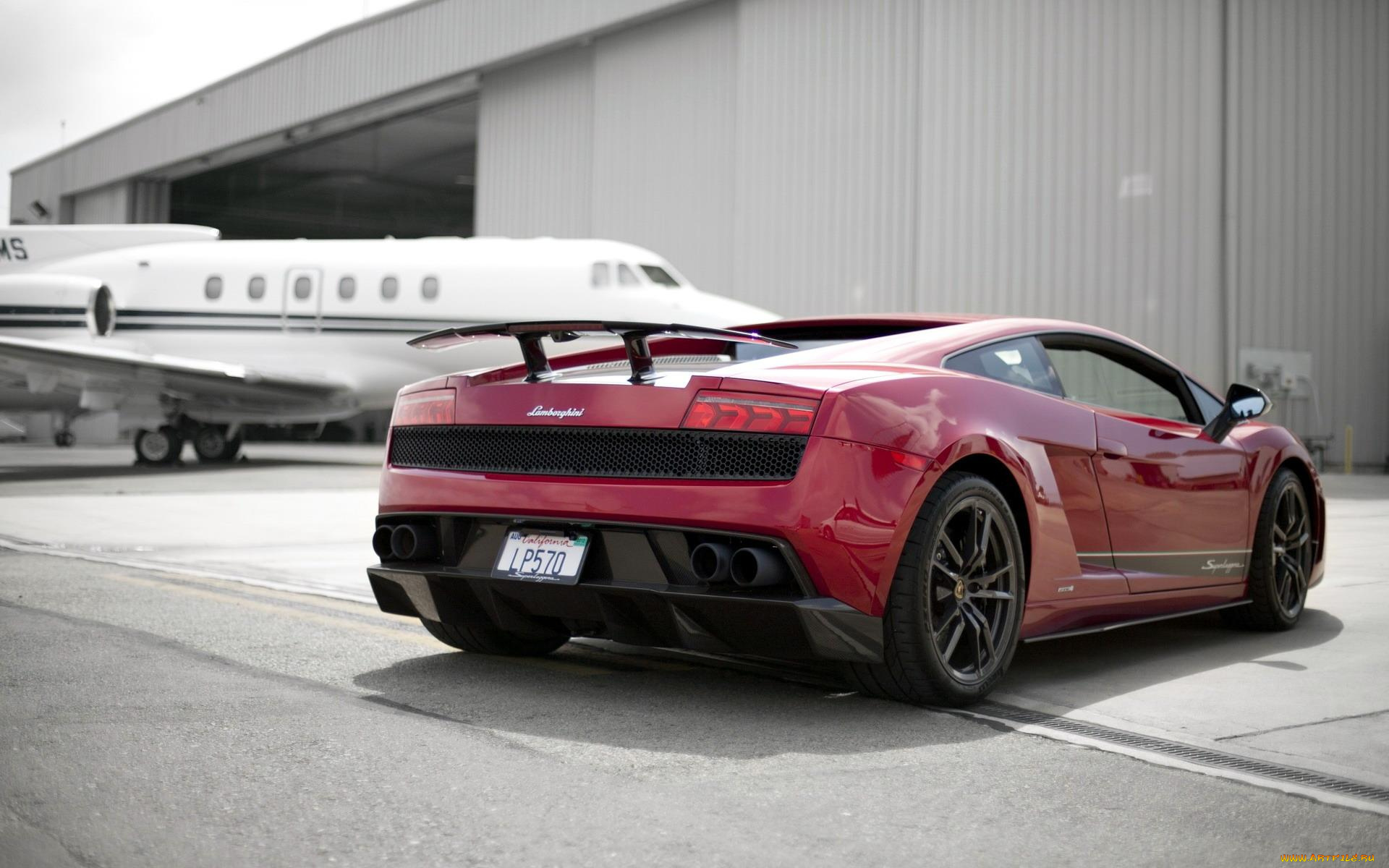 автомобили, lamborghini, ангар, самолет, красный, ламборгини