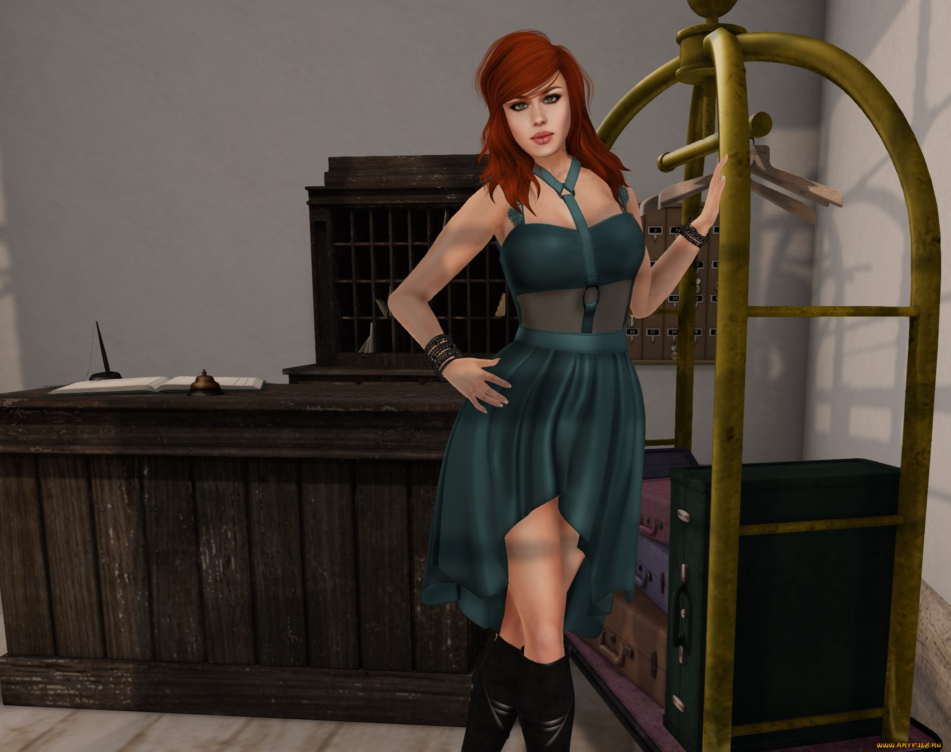 3д, графика, люди, , people, фон, интерьер, рыжая, взгляд, девушка