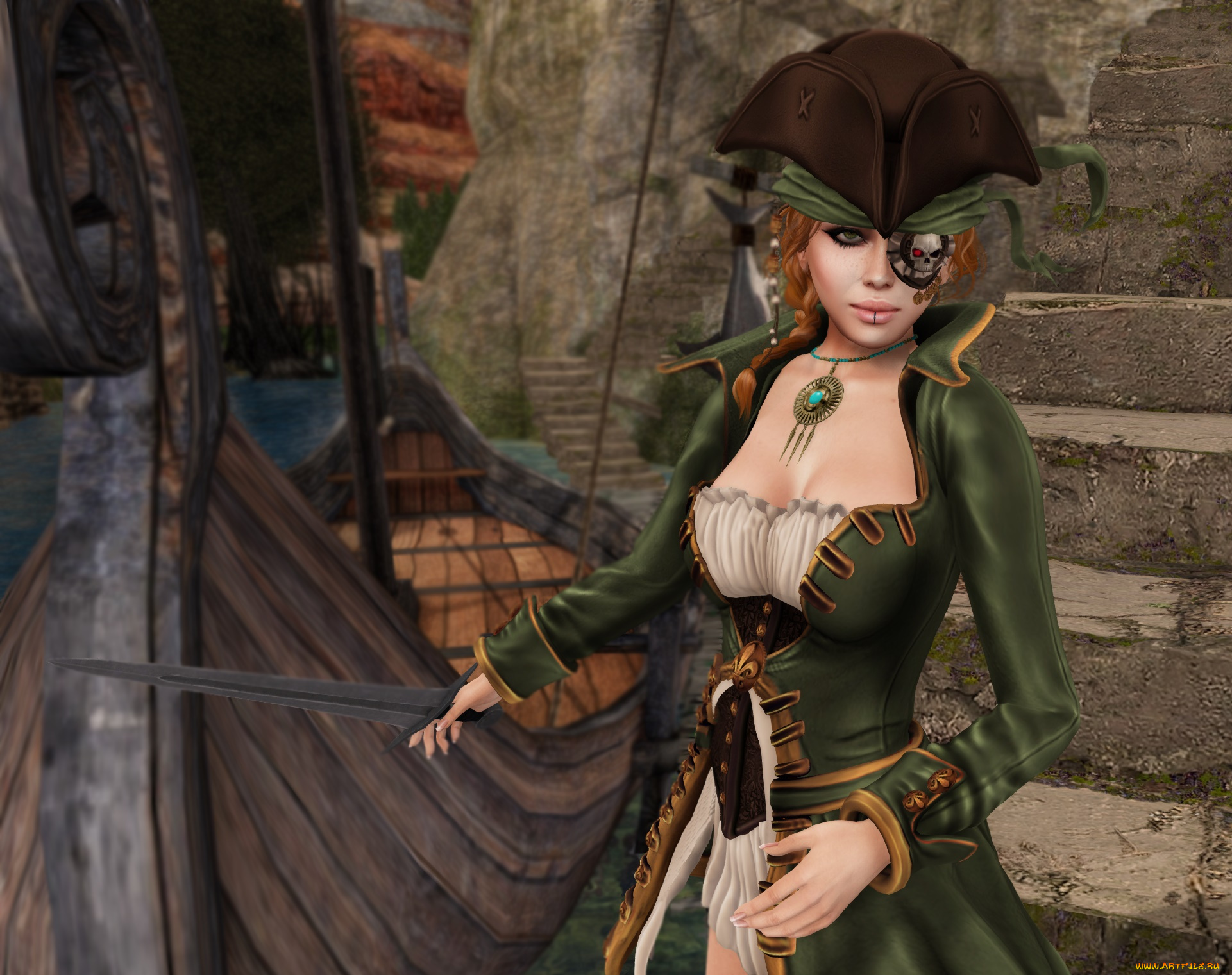 3д, графика, фантазия, , fantasy, взгляд, девушка, пират, оружие, рыжая, фон