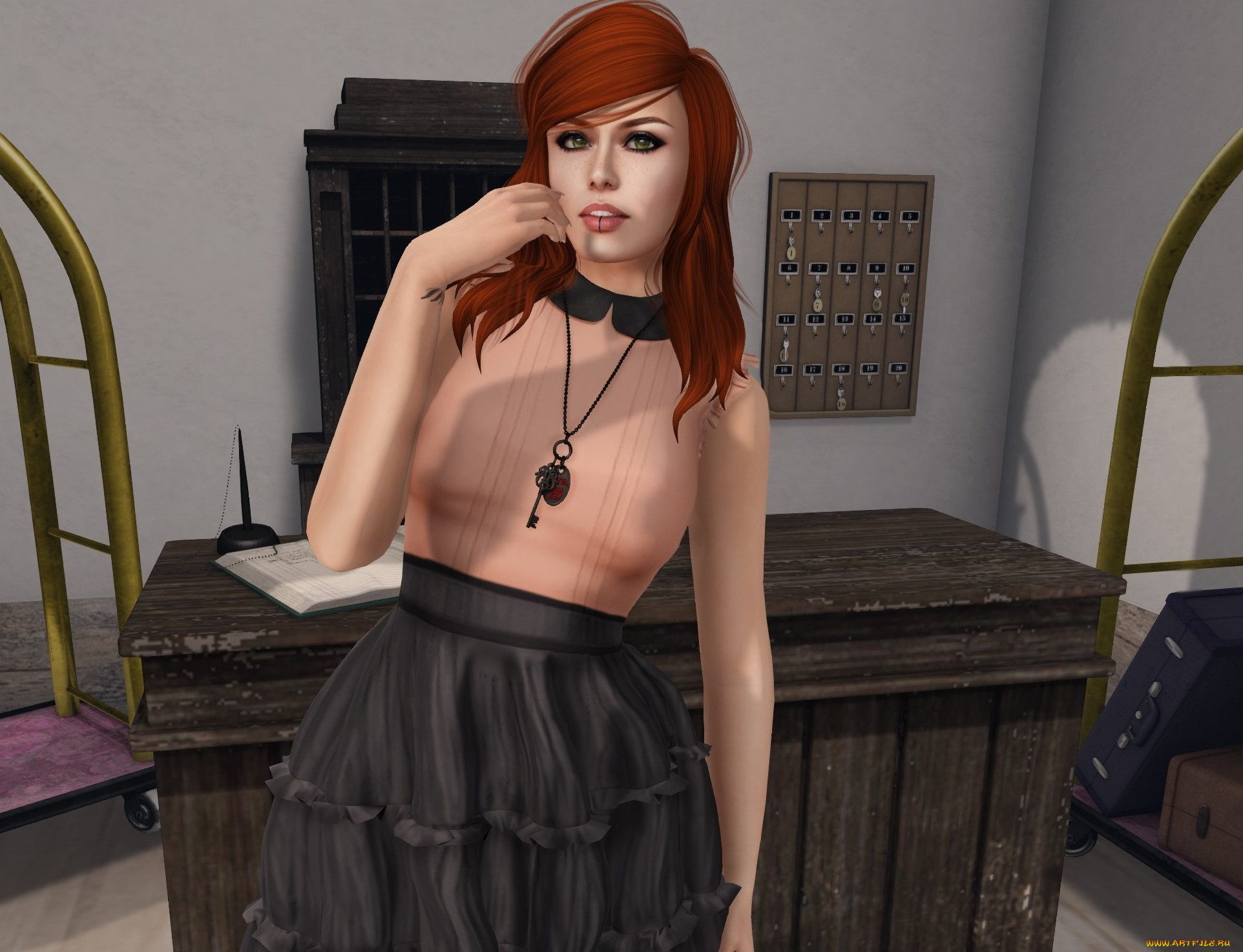 3д, графика, люди, , people, интерьер, рыжая, фон, взгляд, девушка