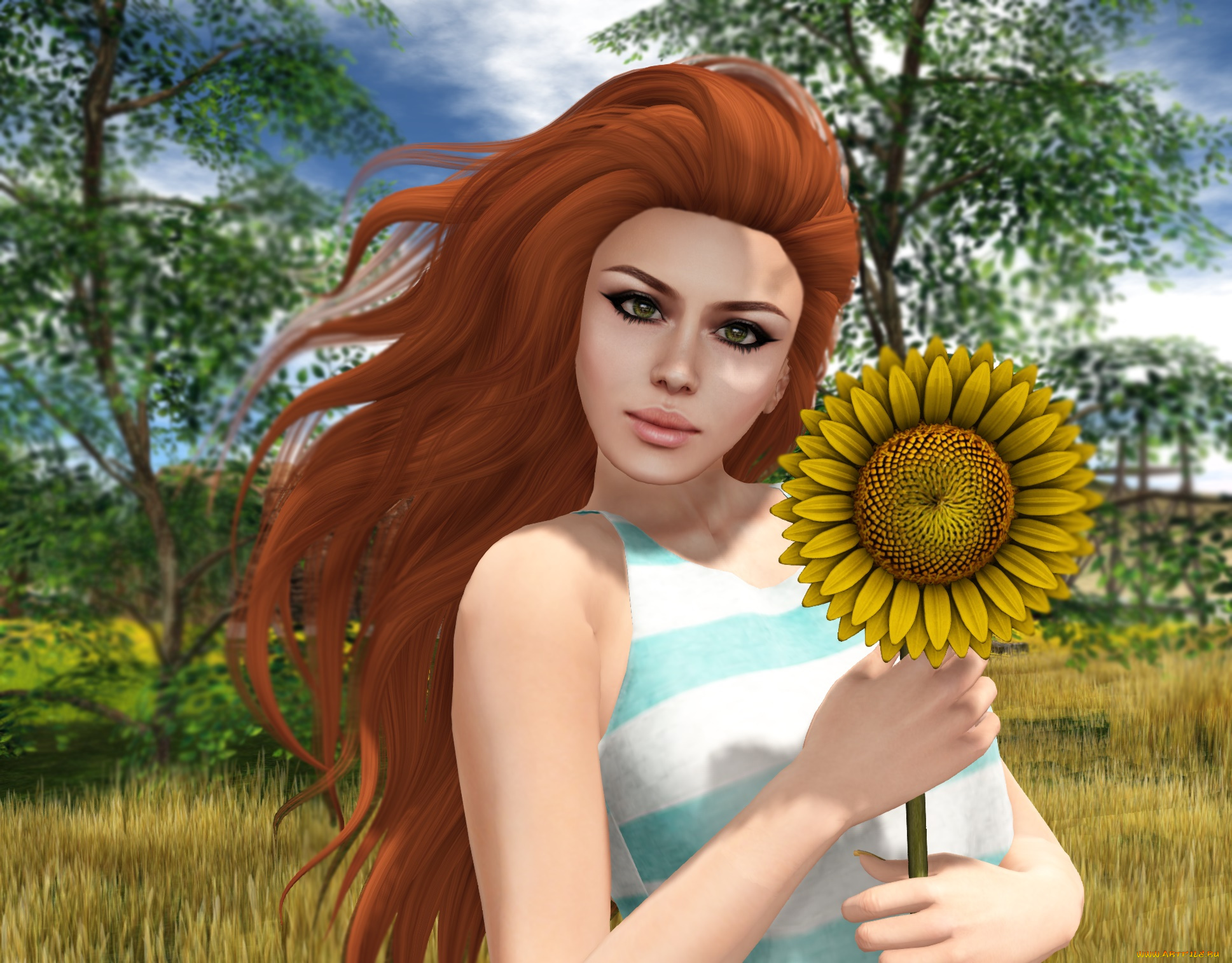 3д, графика, люди, , people, фон, рыжая, взгляд, девушка