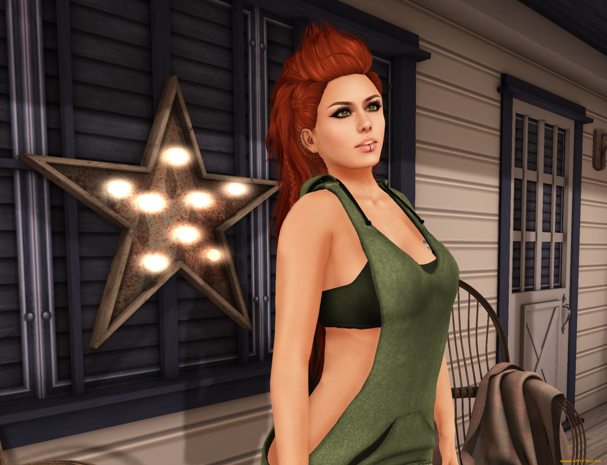 3д, графика, люди, , people, девушка, взгляд, фон, рыжая, интерьер